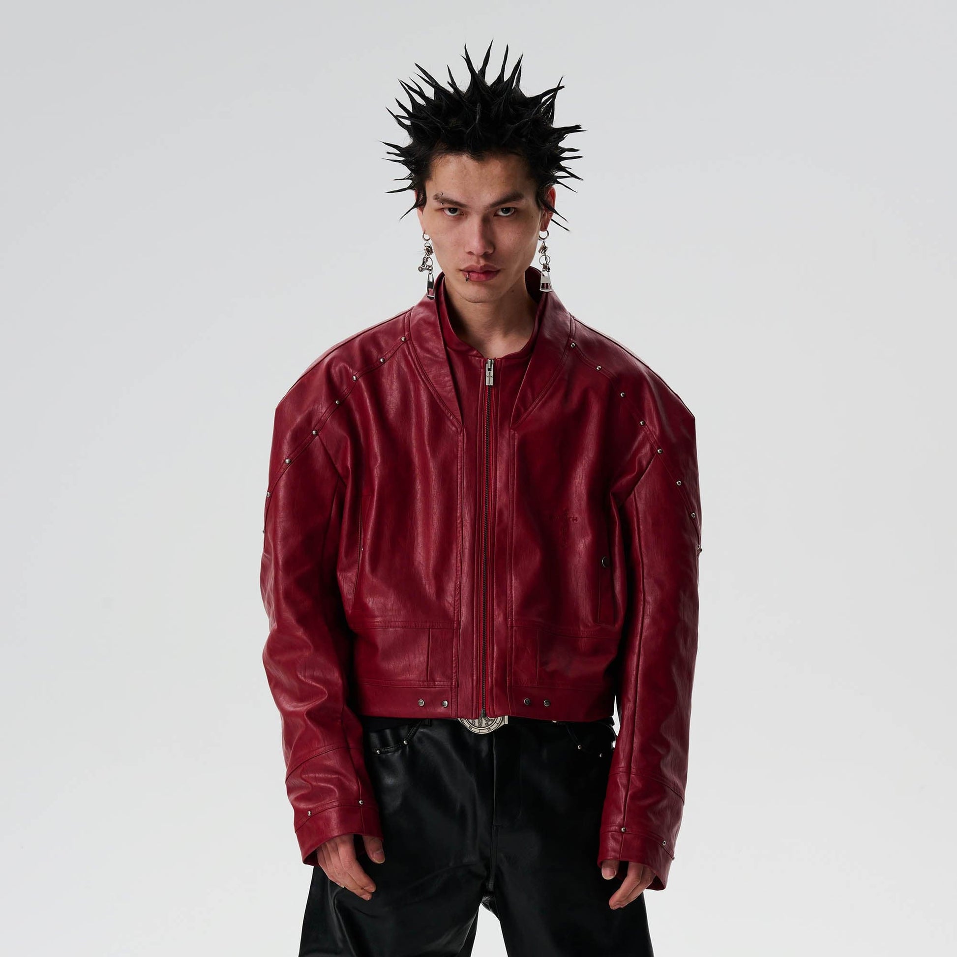 SAVAGEGROWTHWORLD Snake Bone Embroidered Rivet Cropped PU Jacket-Jacket-S-Red-Free Shipping Leatheretro