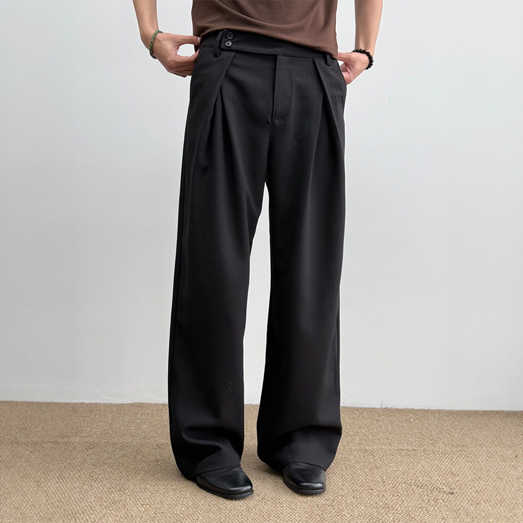 KREATE Inverted Pleats Asymmetric Waist Wide-Leg Trousers-Pants-S-Khaki-Free Shipping Leatheretro