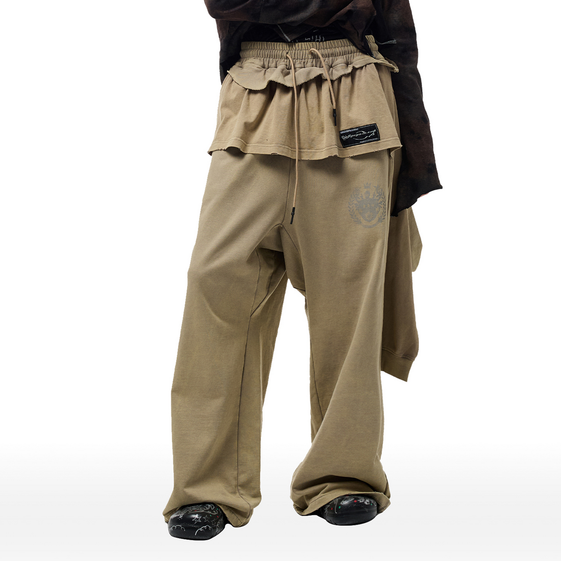 CYCYCY Layered Raw Edge Wide-Leg Sweatpants Khaki-Pants-S / 23"-Free Shipping Leatheretro