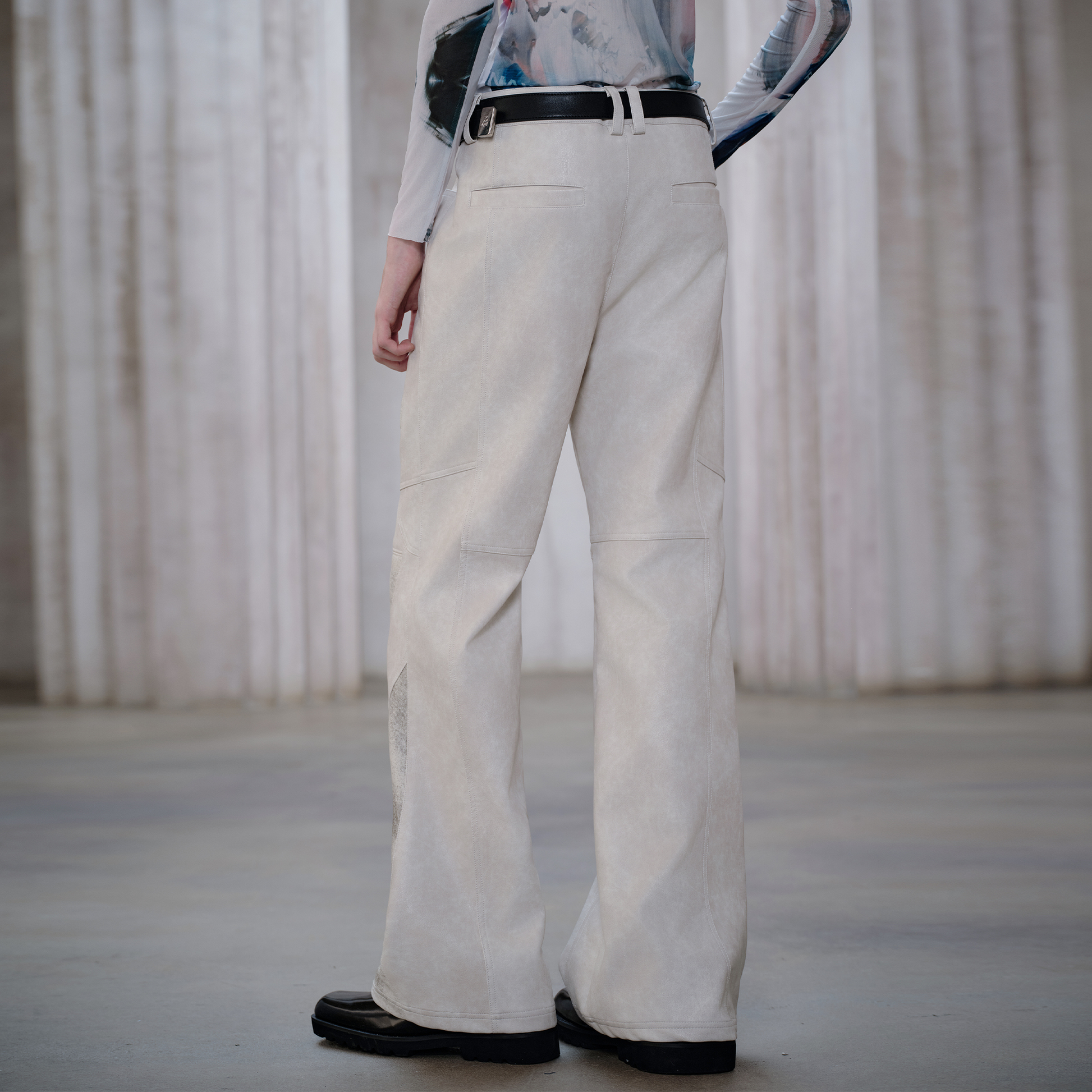 FACEONLAB Panel Armored Faux Leather Biker Pants White-Pants-M (Preorder)-Free Shipping Leatheretro