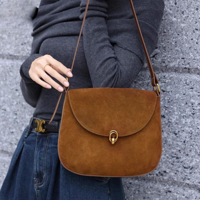 Luxury Women’s Leather Suede Shoulder Saddle Crossbody Bag-Handbags-Brown-Free Shipping Leatheretro