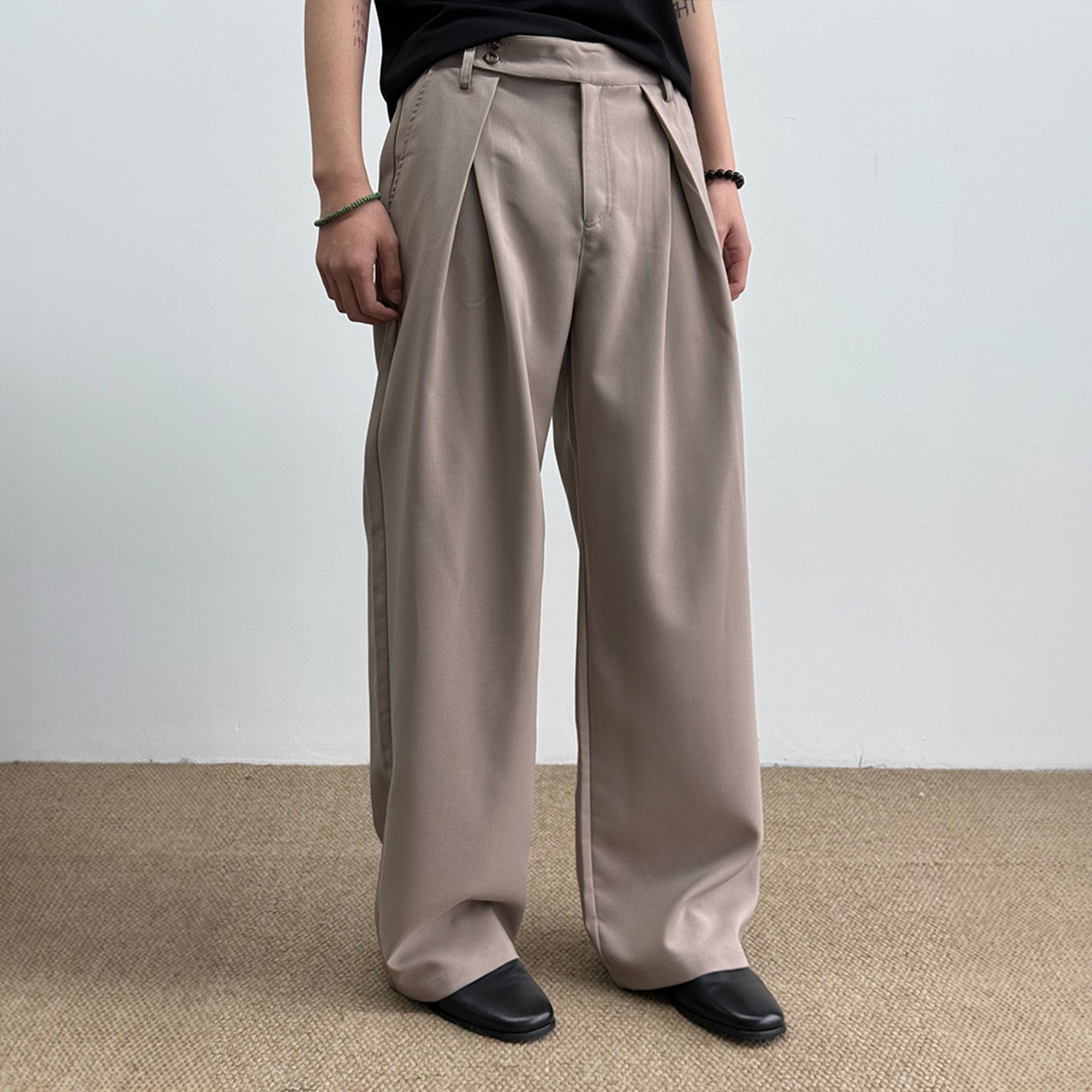 KREATE Inverted Pleats Asymmetric Waist Wide-Leg Trousers-Pants-S-Khaki-Free Shipping Leatheretro