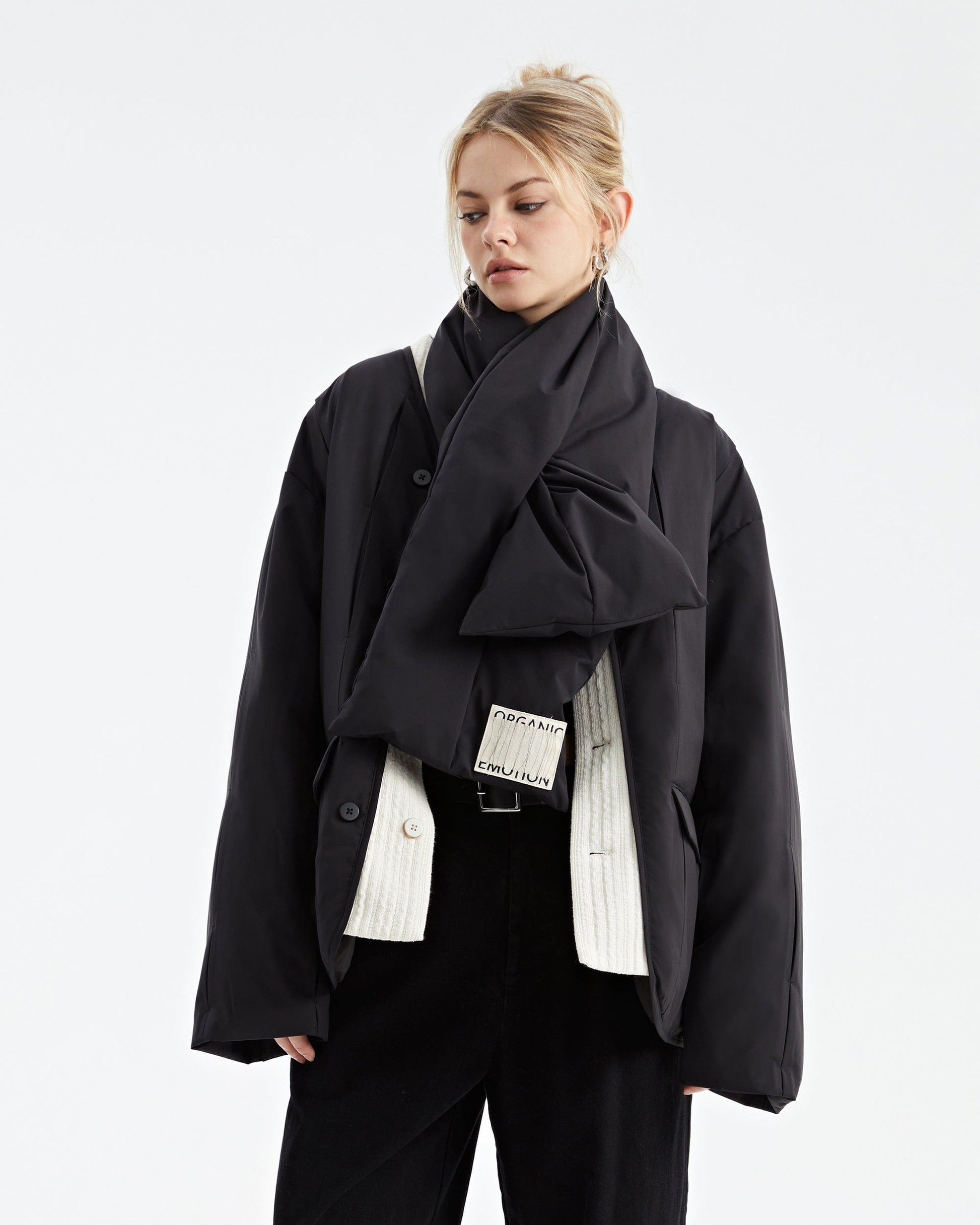 ORGANIC EMOTION Spliced Waterproof Duck Down Scarf Jacket-Jacket-Black-XS-Free Shipping Leatheretro