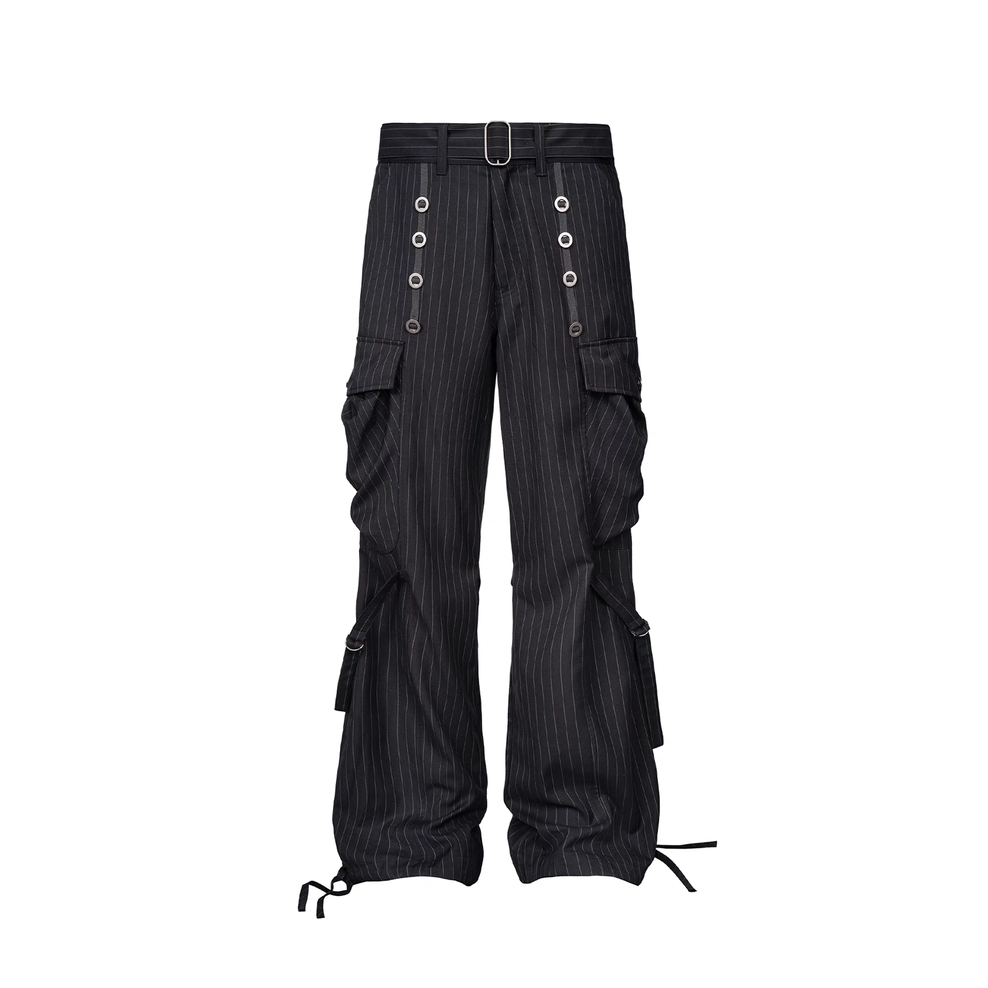 ESAIAS Pinstripe Grommet Belted Trousers-Pants-S / 29" (Preorder)-Free Shipping Leatheretro