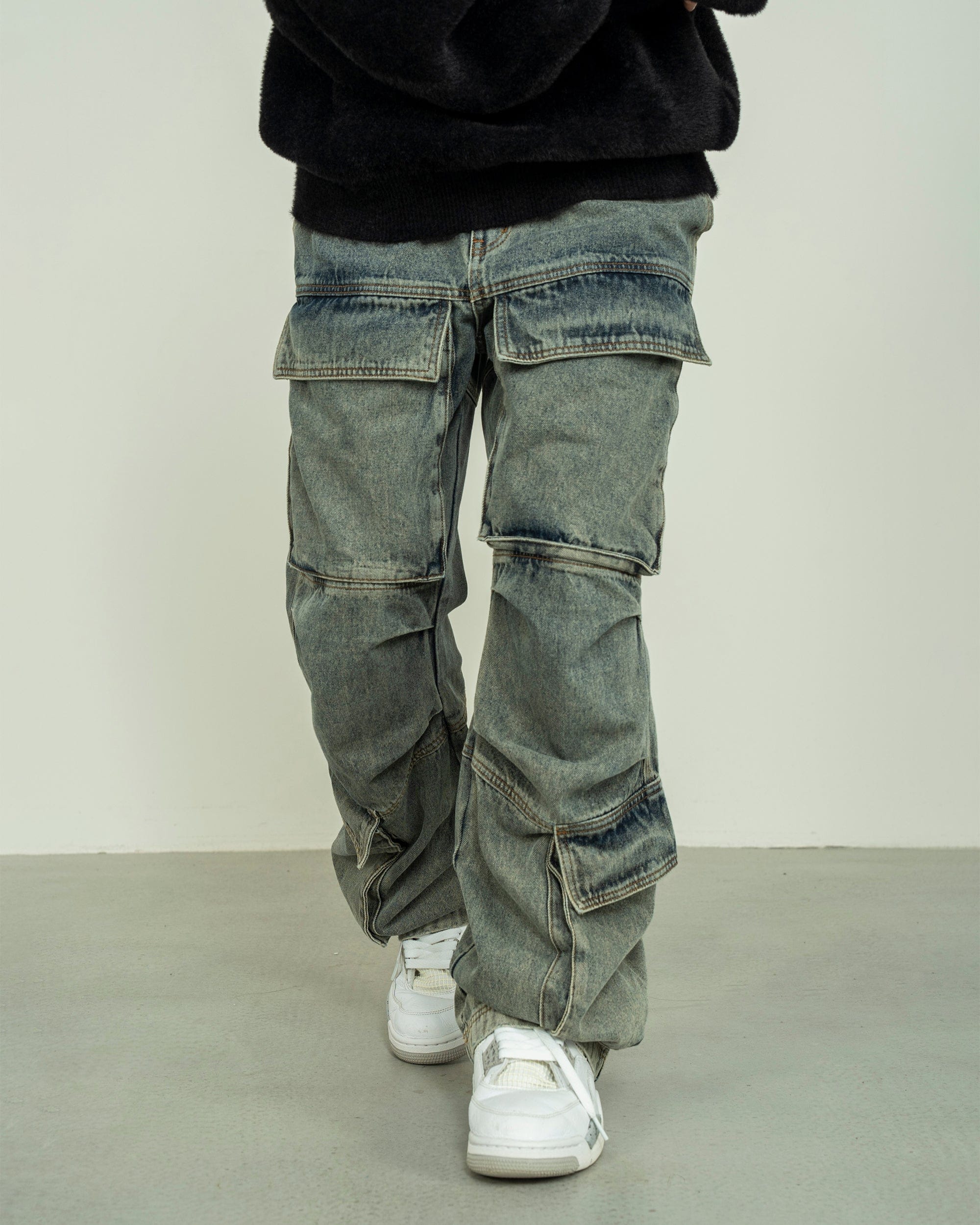 MAKEMORE Washed Denim Cargo-Jeans-M-Black-Free Shipping Leatheretro