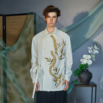 JIECHI Sequin Leaf Embroidered Asymmetrical Wrap Shirt-Shirt-M (Preorder)-Free Shipping Leatheretro