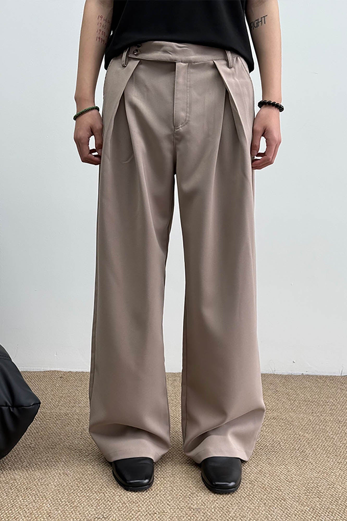 KREATE Inverted Pleats Asymmetric Waist Wide-Leg Trousers-Pants-S-Khaki-Free Shipping Leatheretro
