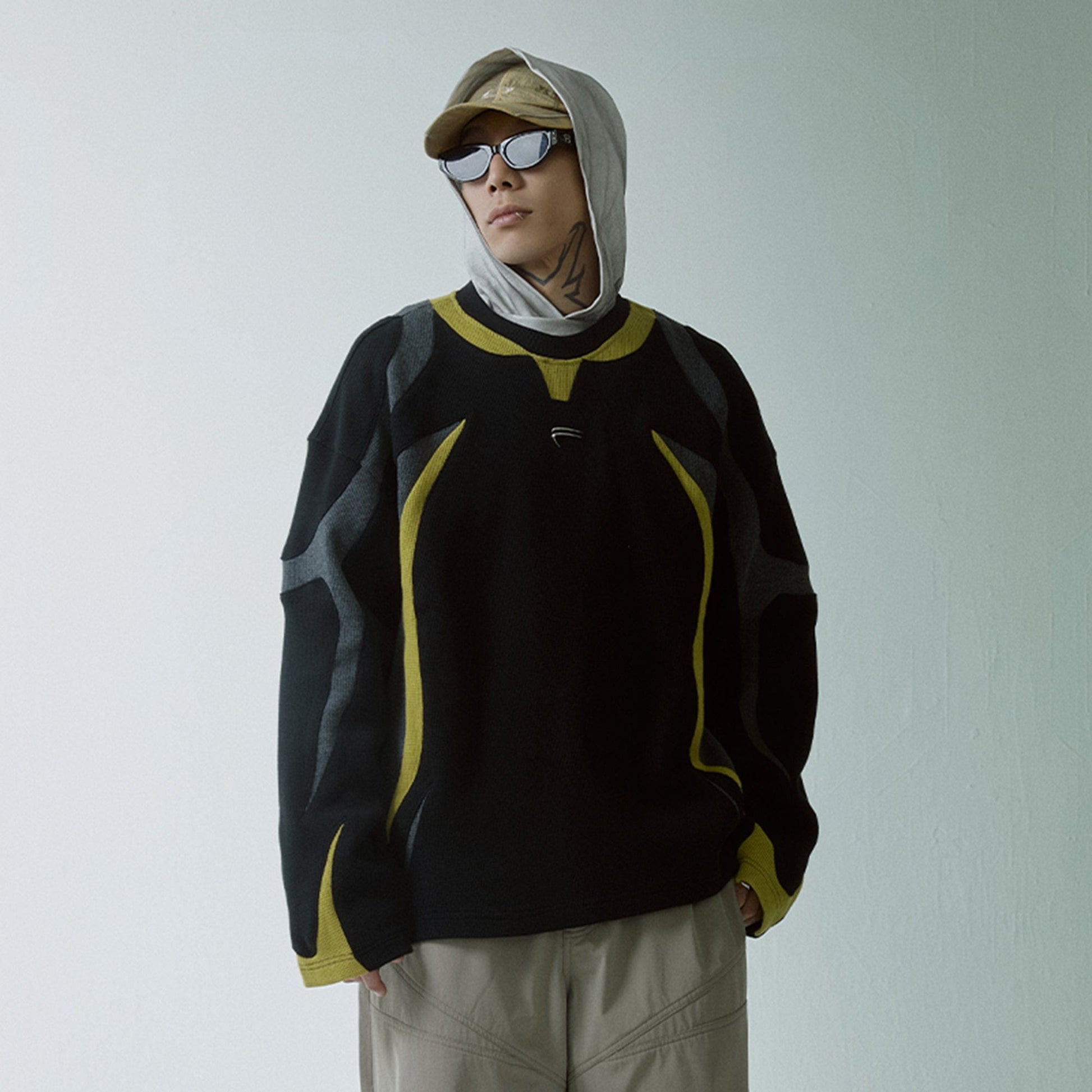 F2CE Modern Deconstructed Waffle Sweatshirt-Sweatshirt-S-Black-Free Shipping Leatheretro