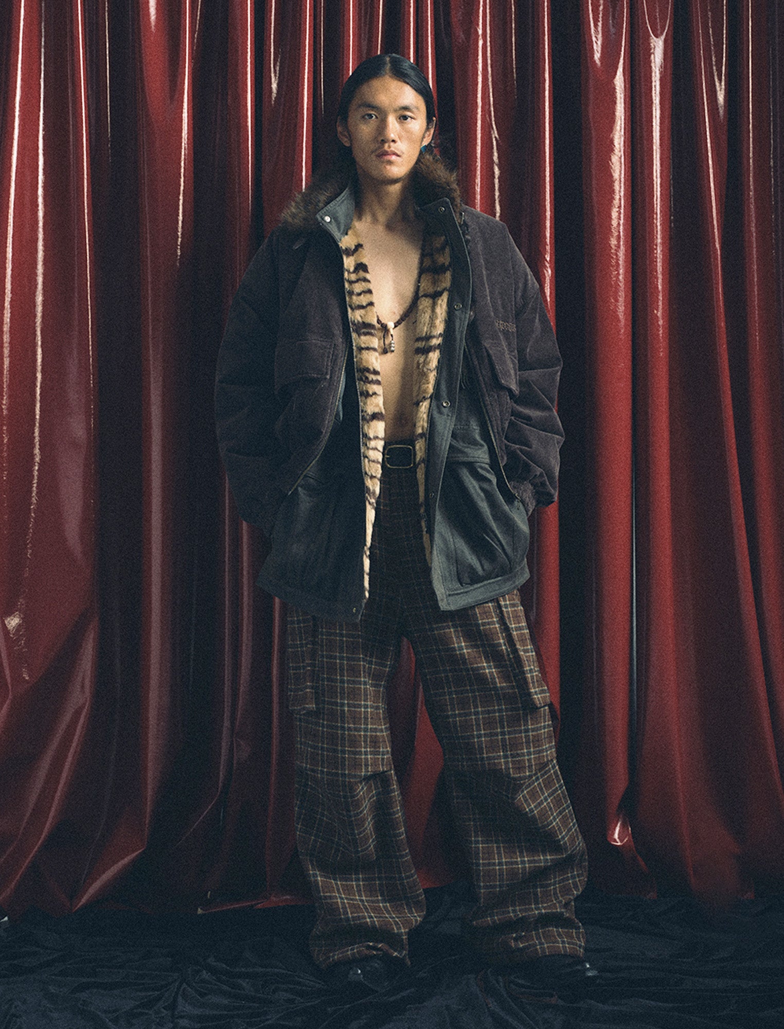 TRECLUB Plaid Pleated-Knee Wide-Leg Cargo Pants-Pants-S-Free Shipping Leatheretro