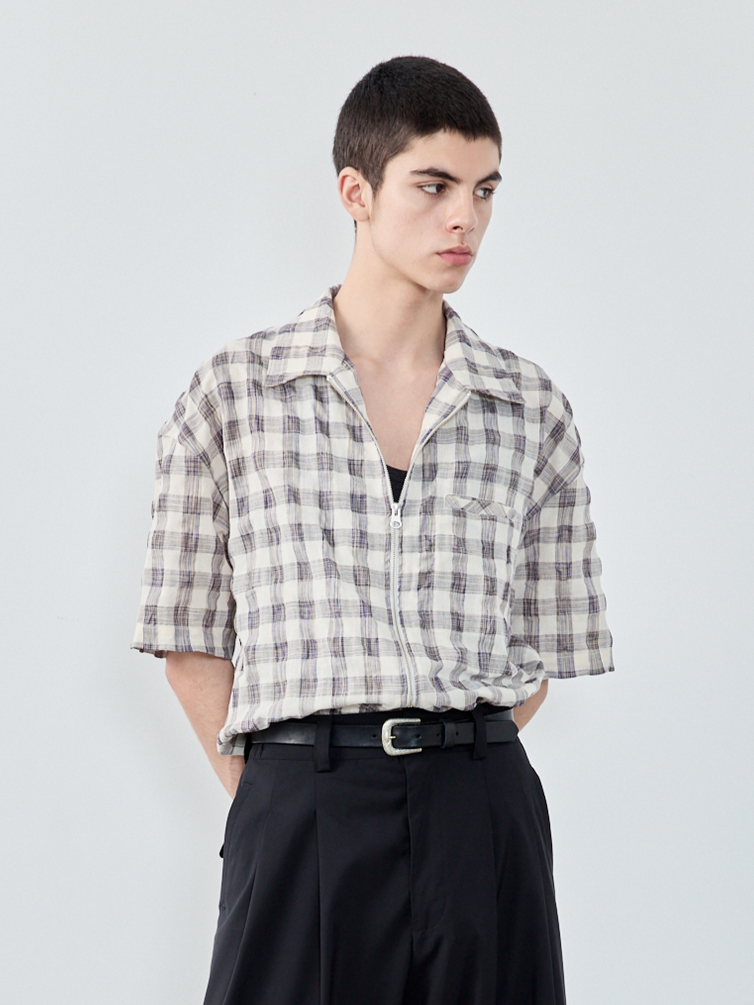 GRAINMUSTARD Retro Plaid Zip Half Shirt-Half shirt-XS-Free Shipping Leatheretro