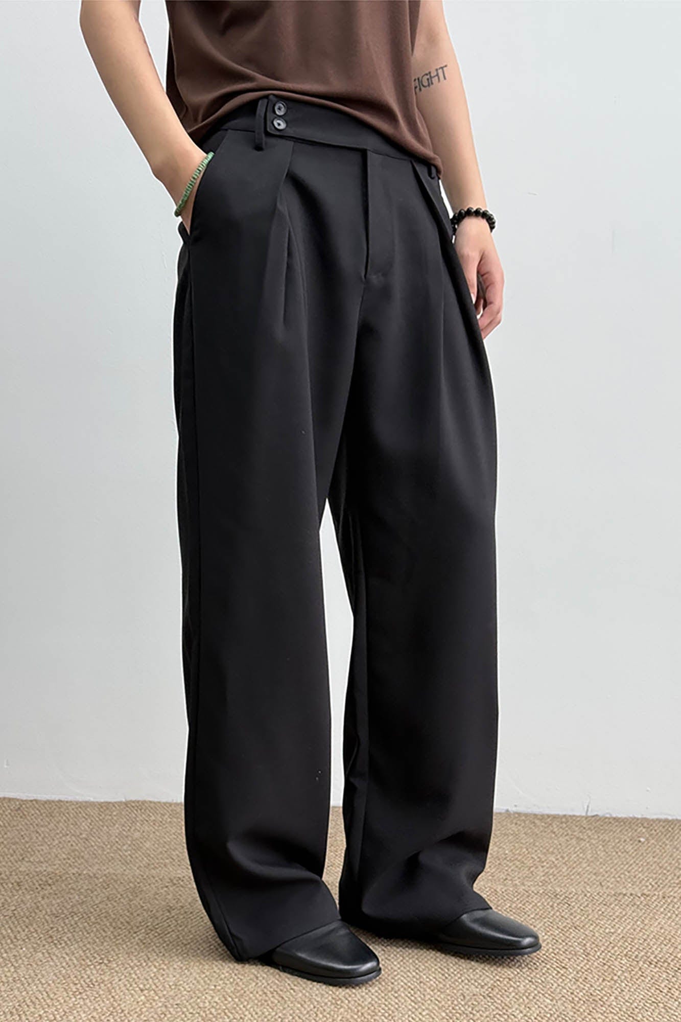 KREATE Inverted Pleats Asymmetric Waist Wide-Leg Trousers-Pants-S-Khaki-Free Shipping Leatheretro