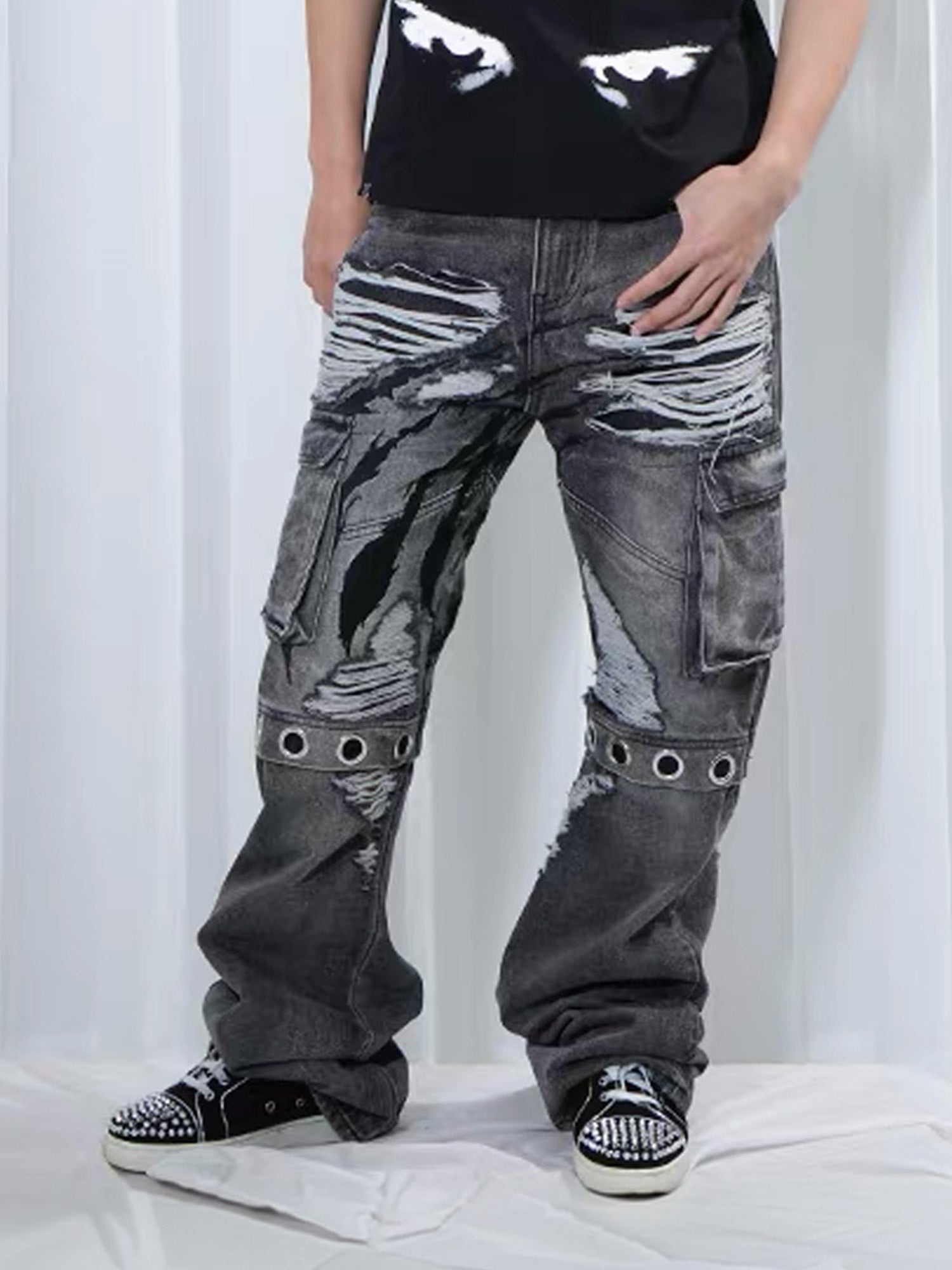 VINKID Distressed Grommet Strap Flared Jeans-Jeans-S-Free Shipping Leatheretro