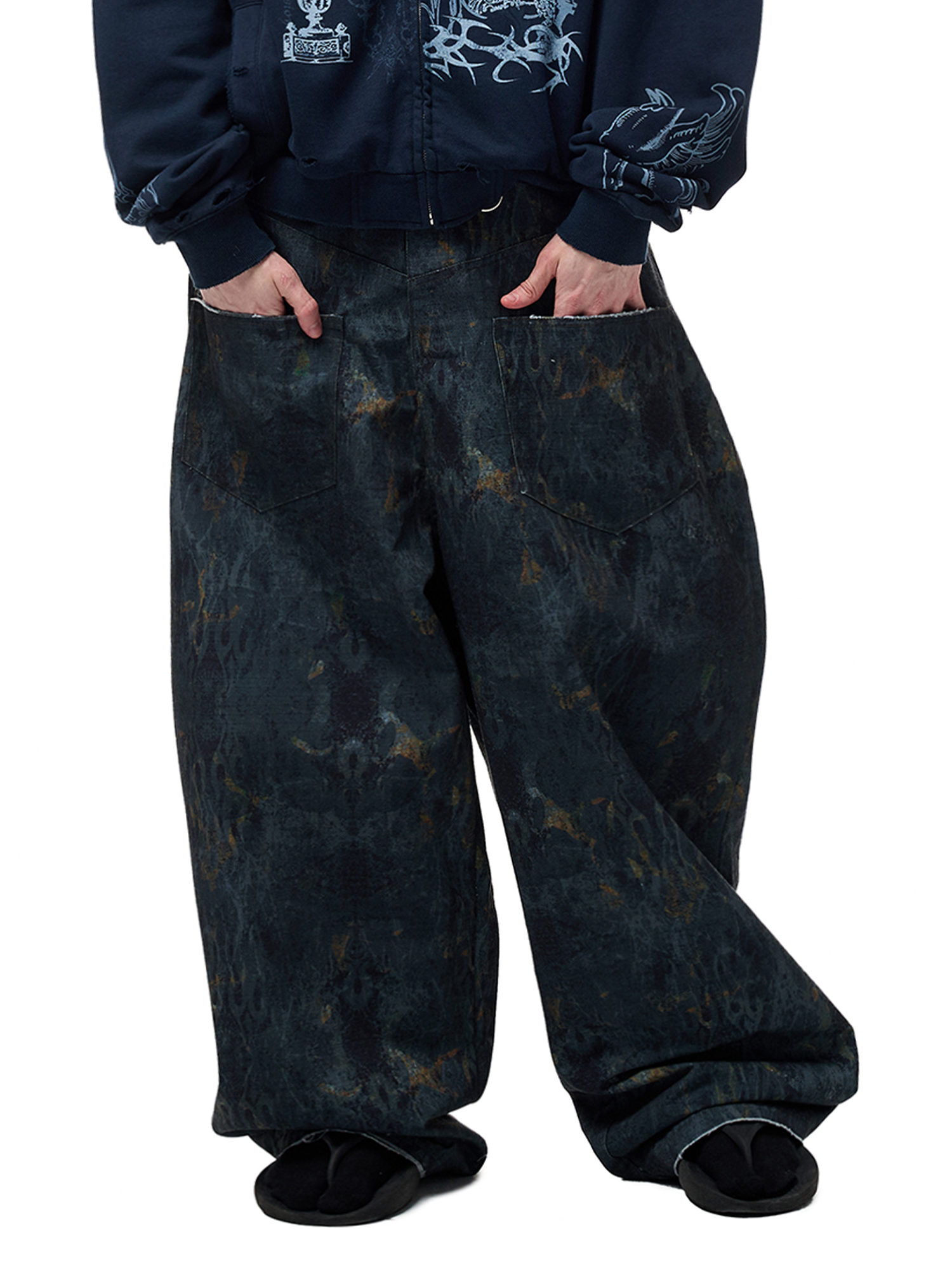 CYCYCY Washed Mottled Flame Graphic Denim Pants-Pants-XXS / 27"-Free Shipping Leatheretro
