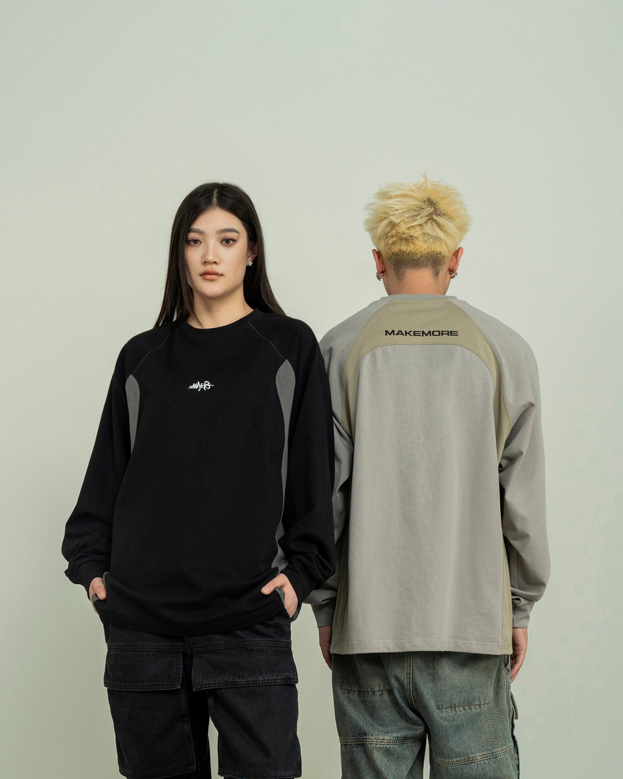 MAKEMORE Modern Deconstructed Embroidered Long-Sleeve Tee-L/S Tee-S-Gray-Free Shipping Leatheretro