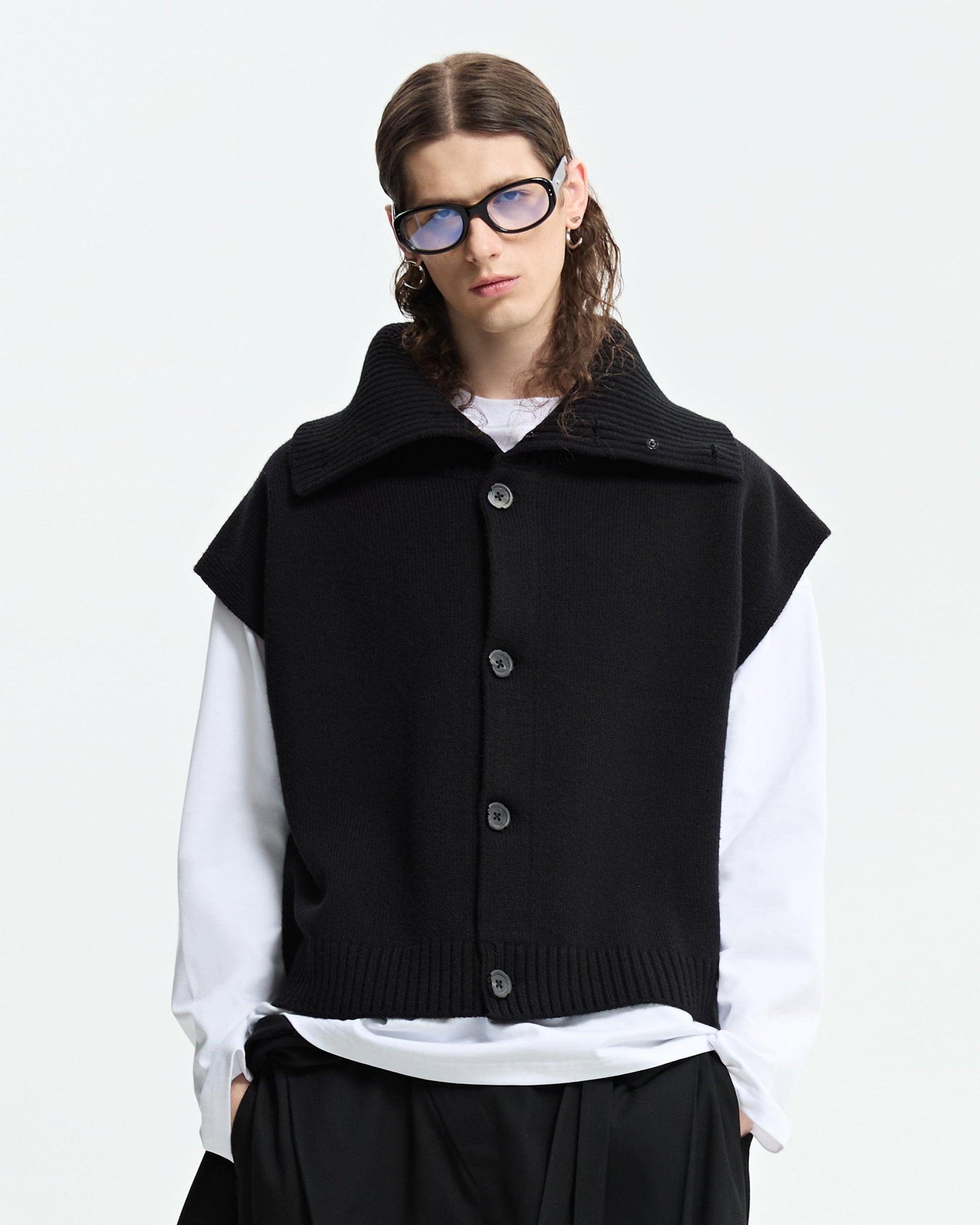 ORGANIC EMOTION Classic Knitted High Collar Button Vest-Vest-S-Free Shipping Leatheretro