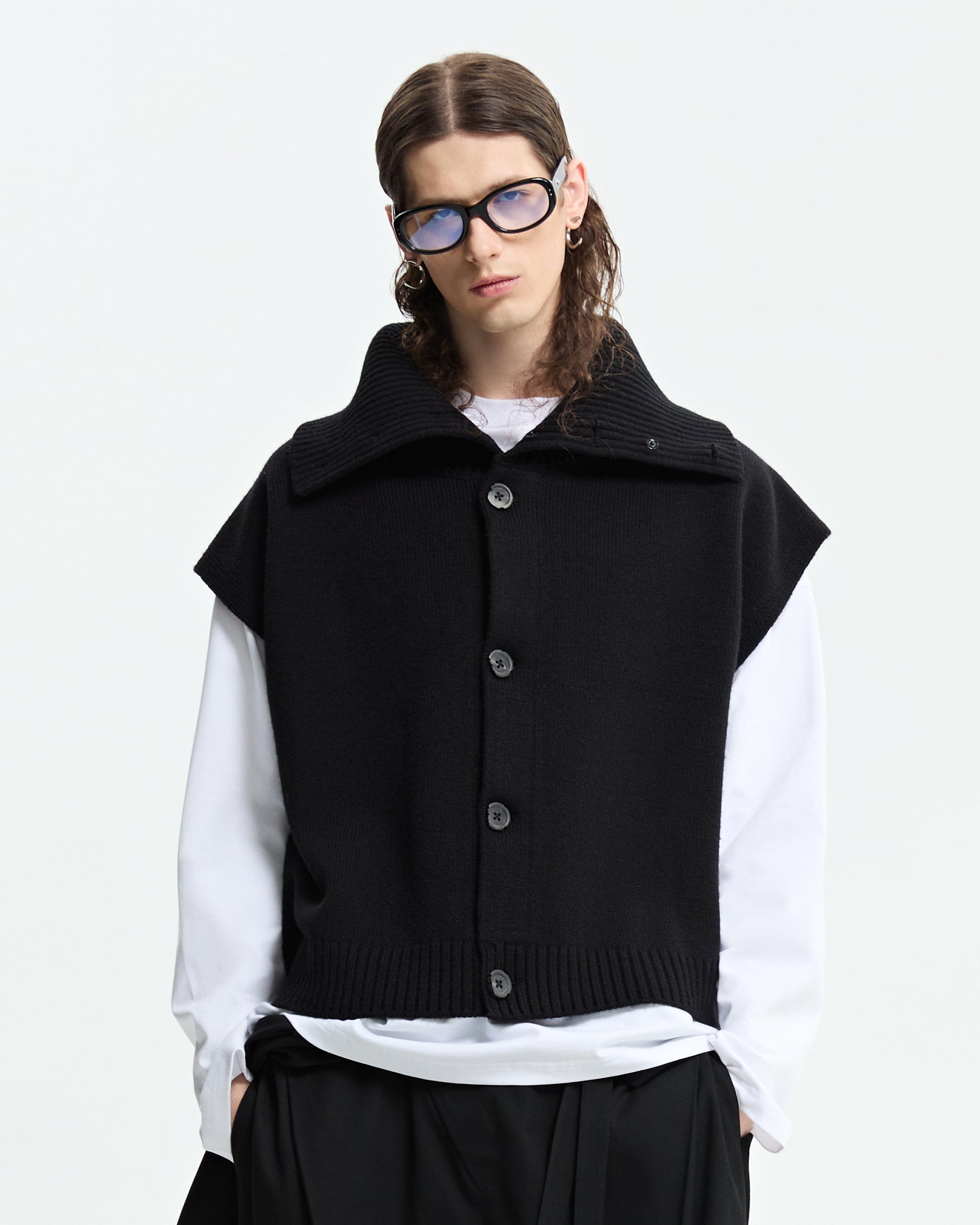 ORGANIC EMOTION Classic Knitted High Collar Button Vest-Vest-S-Free Shipping Leatheretro