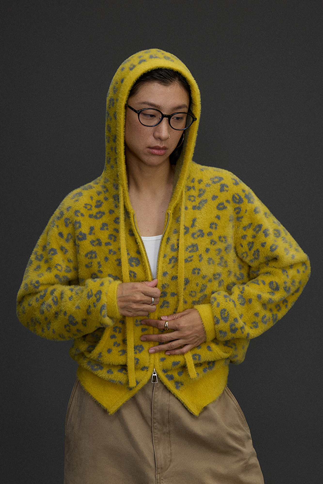 NIANJIUYIKOUER Fuzzy Leopard Jacquard Zip-Up Hooded Cardigan-Jacket-XS-Free Shipping Leatheretro