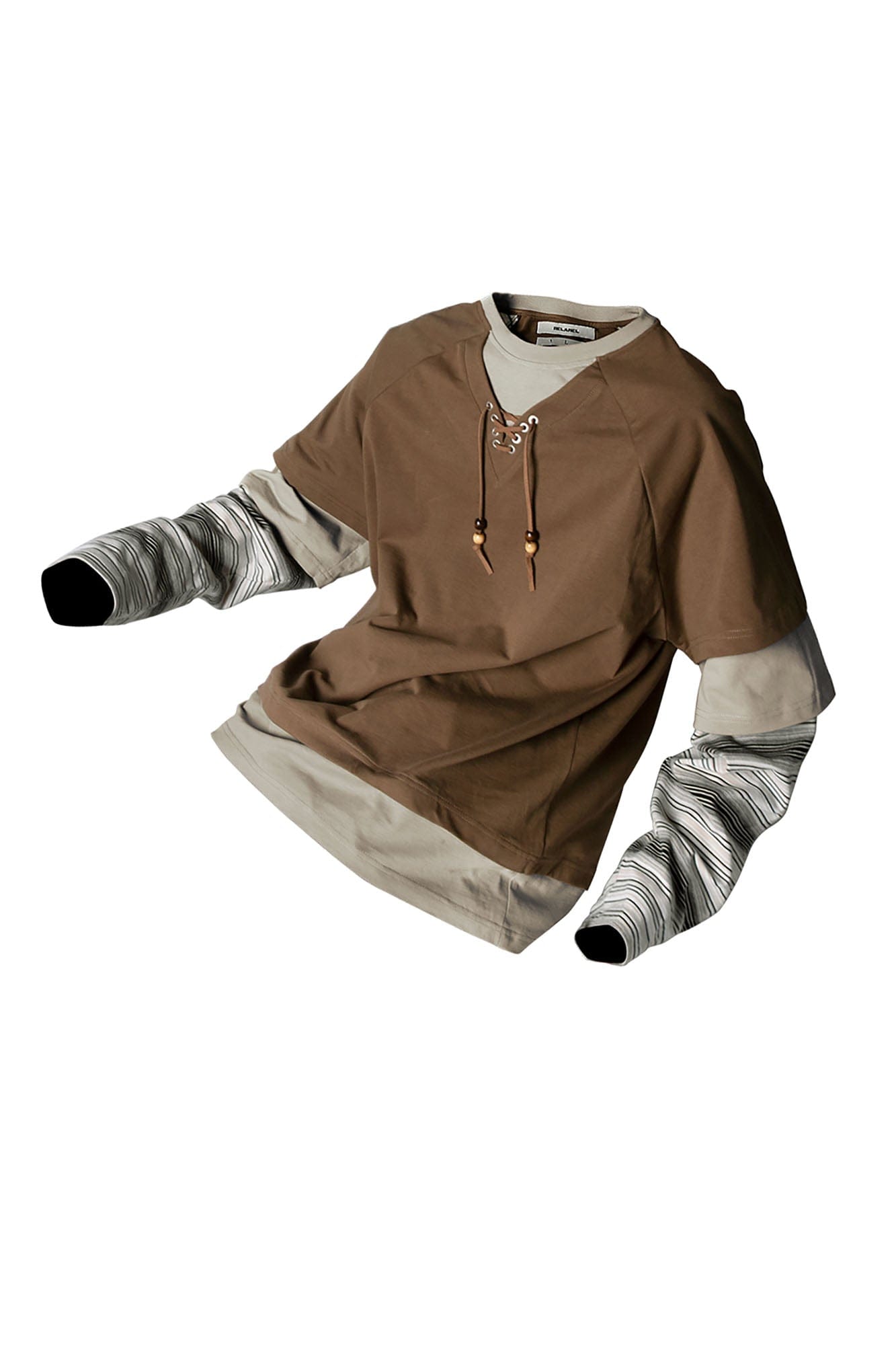 RELABEL Layered Stripe-Sleeve Lace-Up Sweatshirt Brown-Sweatshirt-XS-Free Shipping Leatheretro