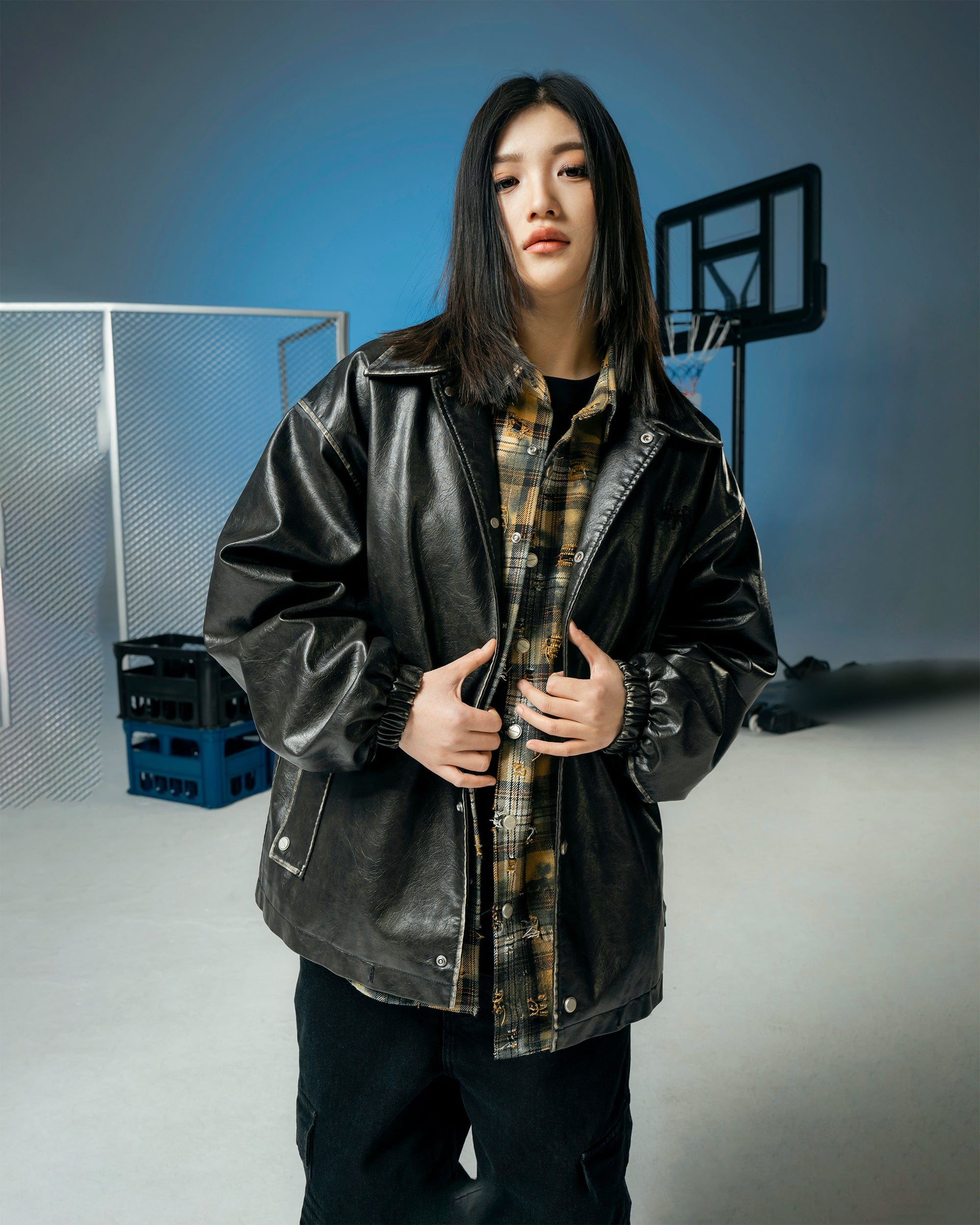 MAKEMORE Classic Faux Leather Embossed Coach Jacket-Jacket-S-Free Shipping Leatheretro
