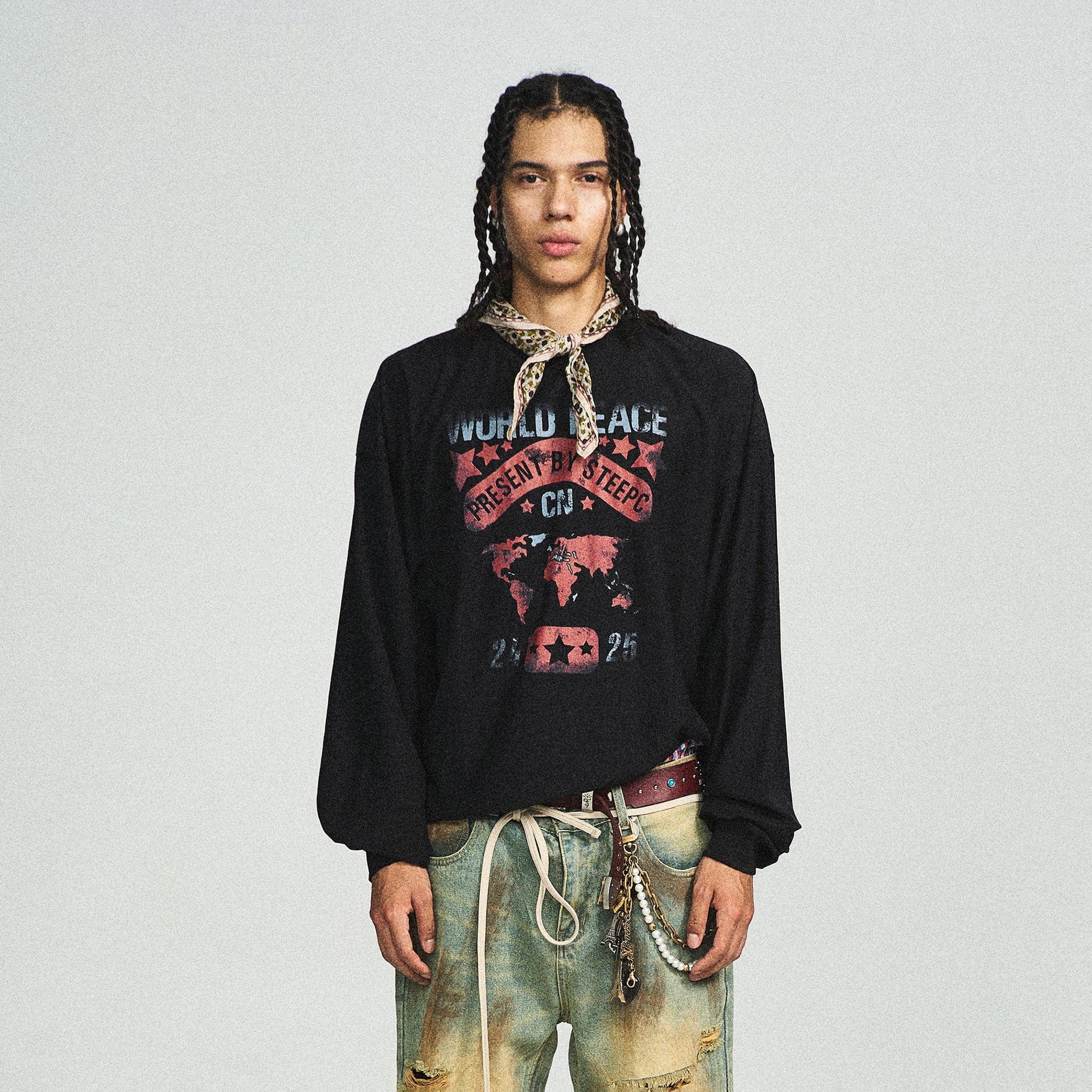 STEEPC Retro World Peace Frayed Long-Sleeve Tee-L/S Tee-S-Free Shipping Leatheretro