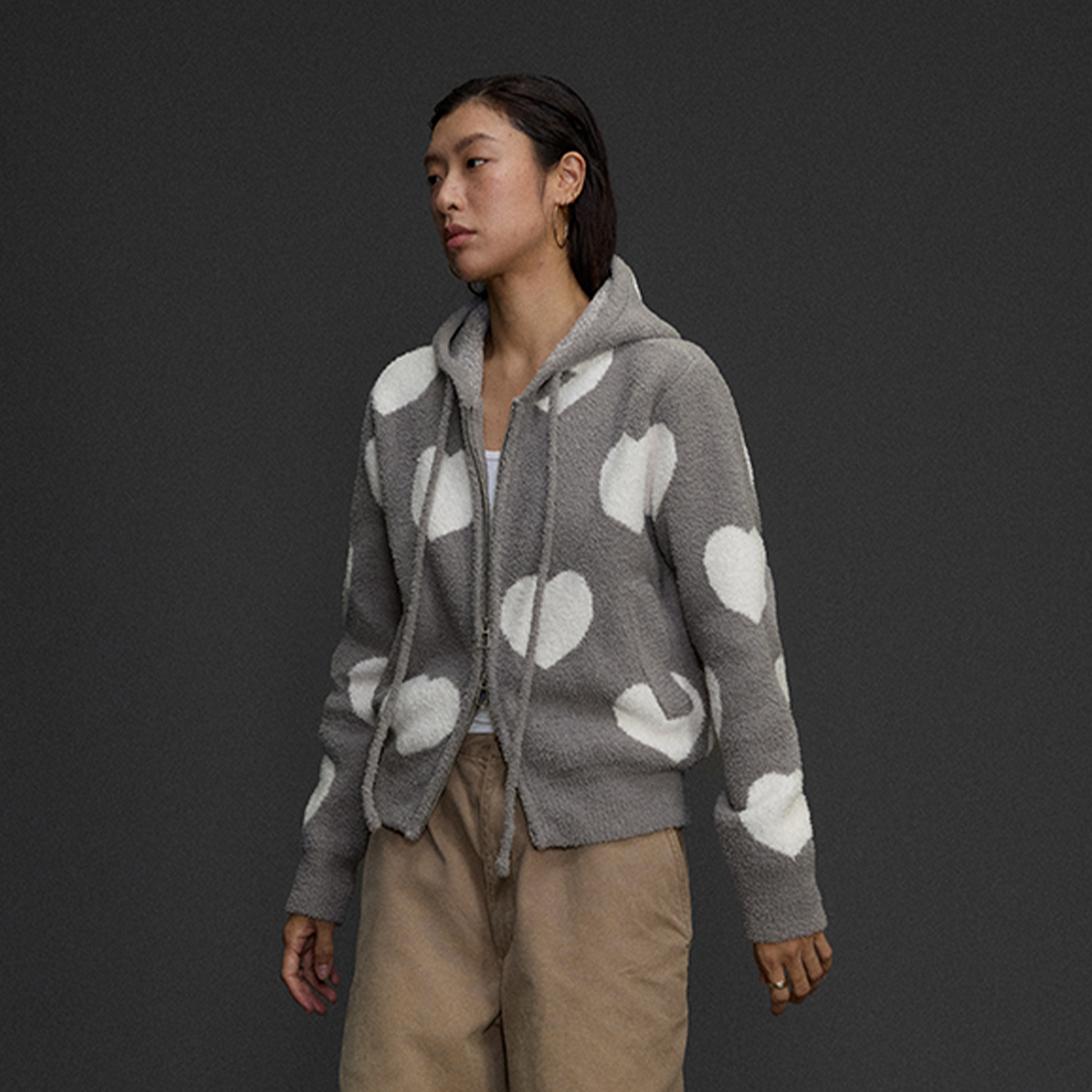 NIANJIUYIKOUER Fuzzy Heart Jacquard Zip-Up Hooded Cardigan-Jacket-XS-Free Shipping Leatheretro