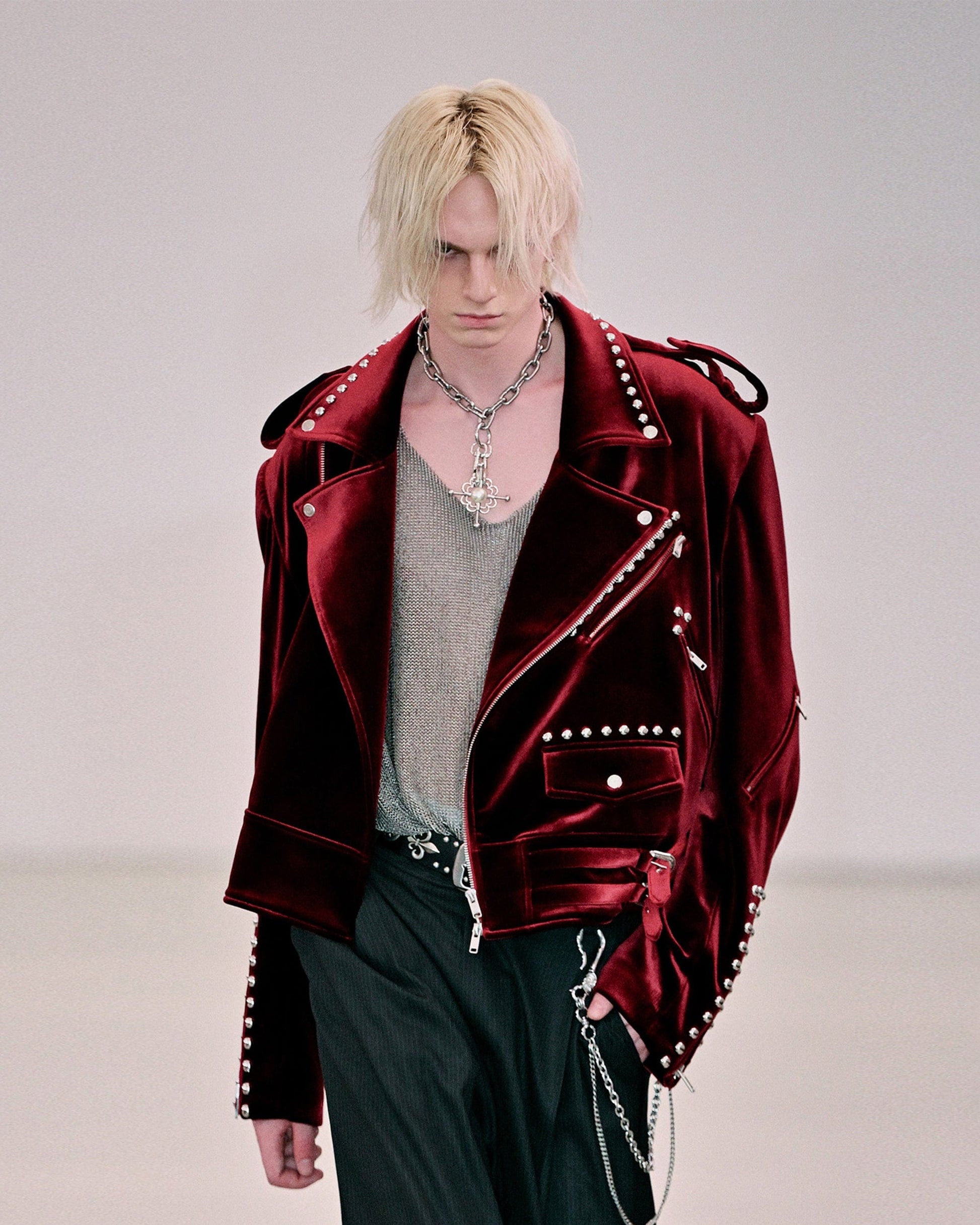 FACEONLAB Red Velvet Rivet Biker Jacket-Jacket-M-Free Shipping Leatheretro