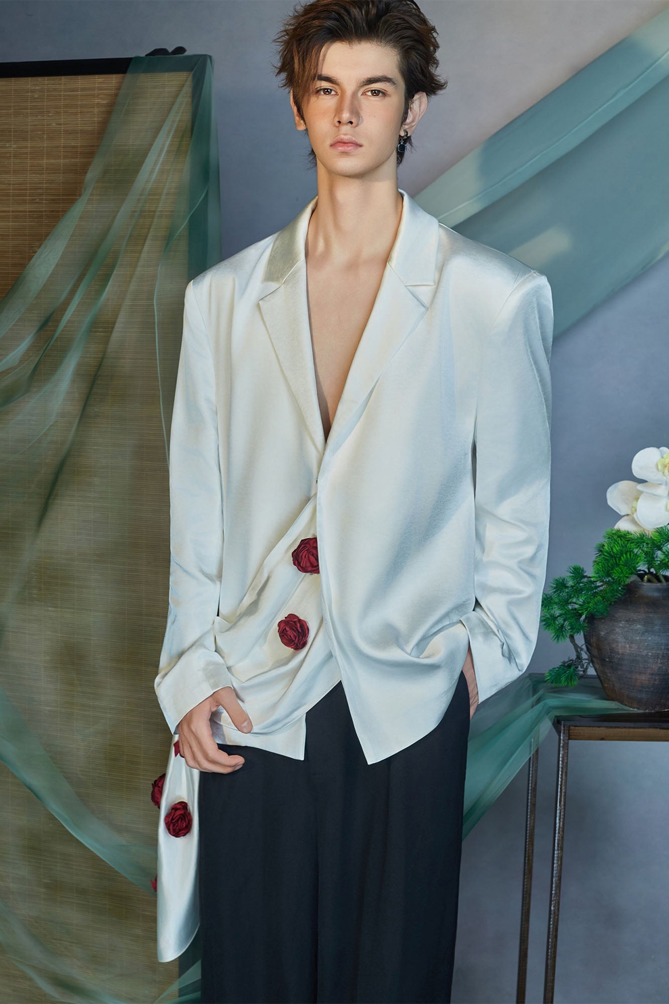 JIECHI Rose Embellished Draped Satin Blazer-Jacket-M (Preorder)-Free Shipping Leatheretro