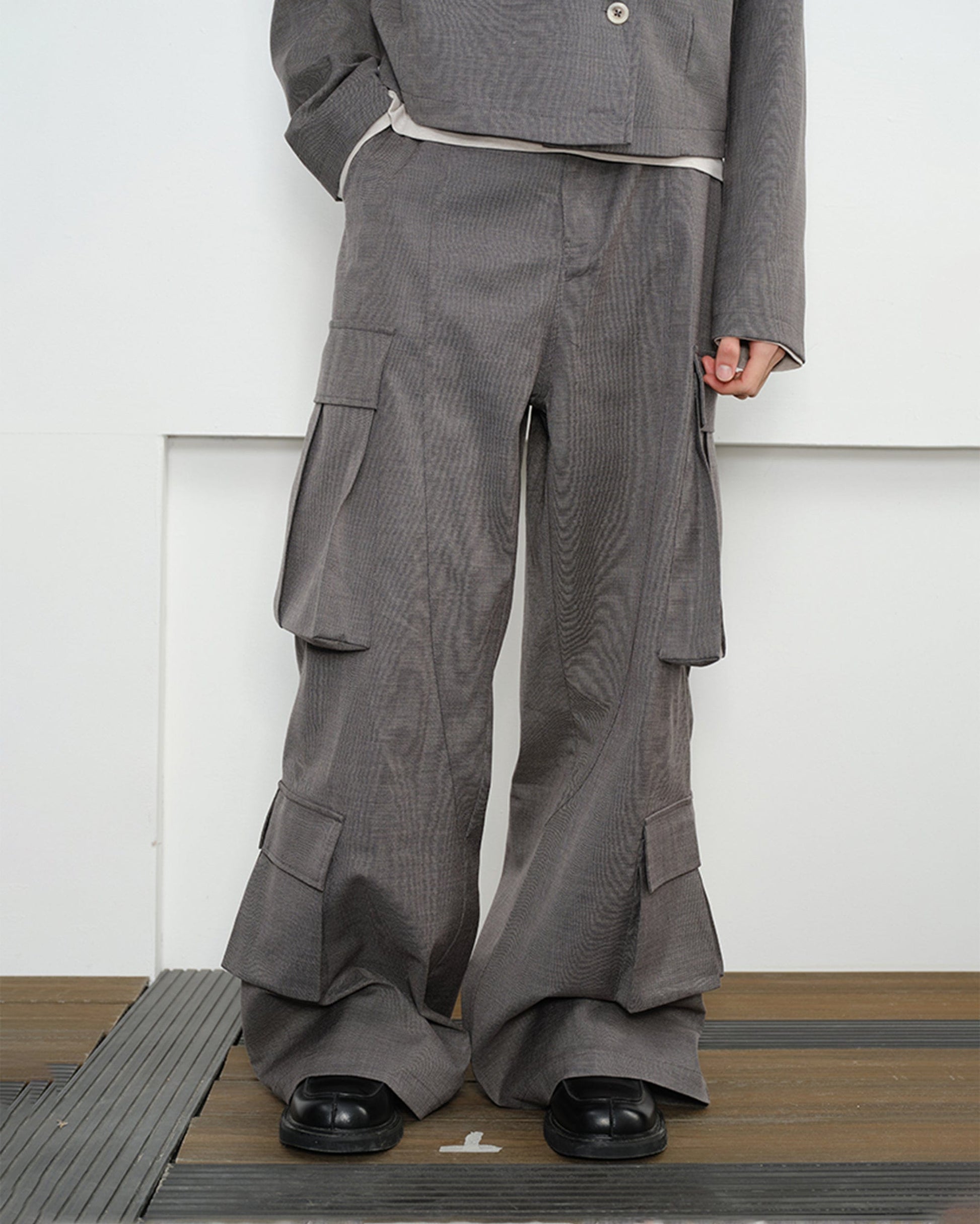 KREATE Multi-Pocket Wide-Leg Cargo Trousers-Pants-S-Grey-Free Shipping Leatheretro