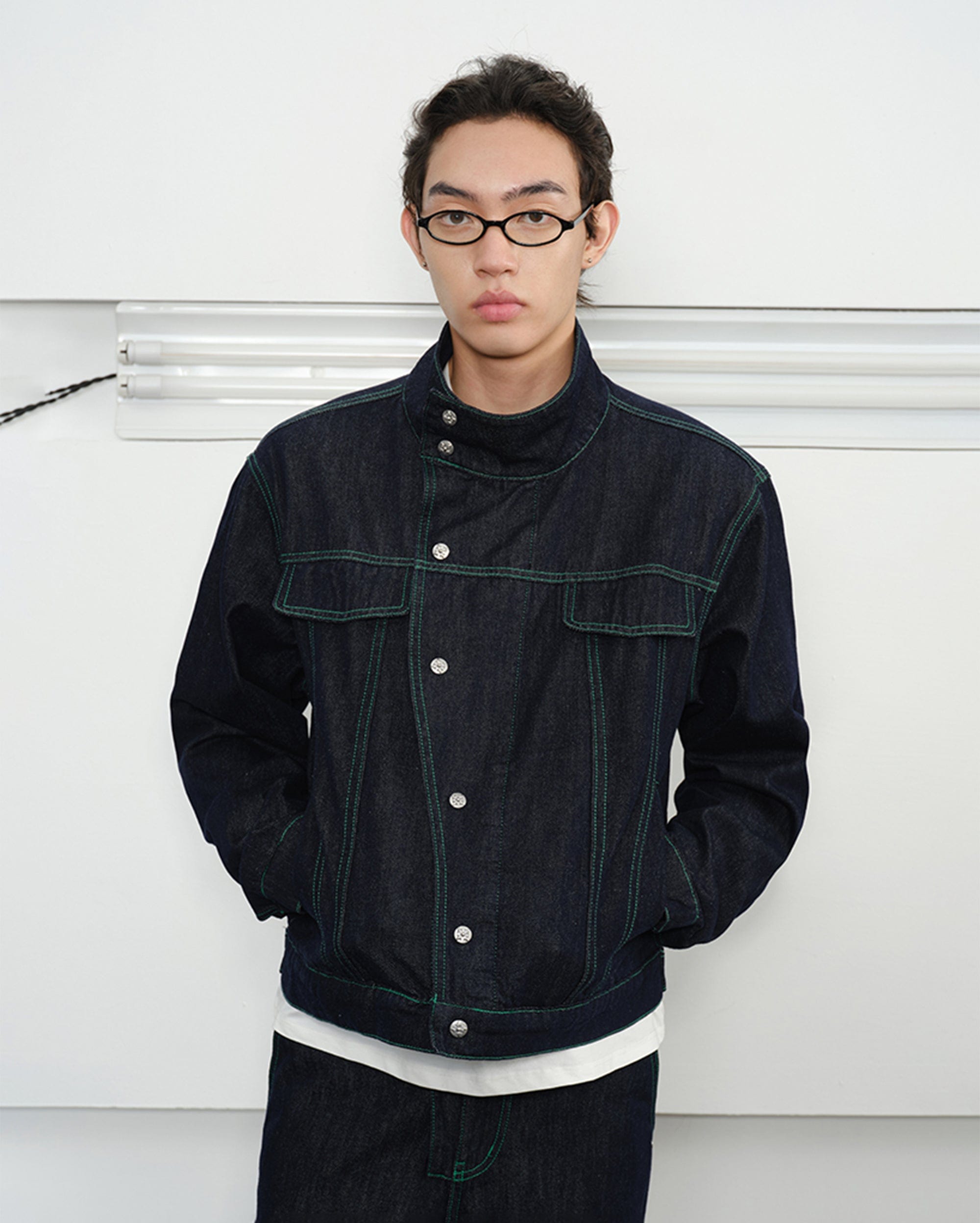 KREATE Asymmetrical Stand Collar Snap Jacket-Jacket-S-Blue-Free Shipping Leatheretro