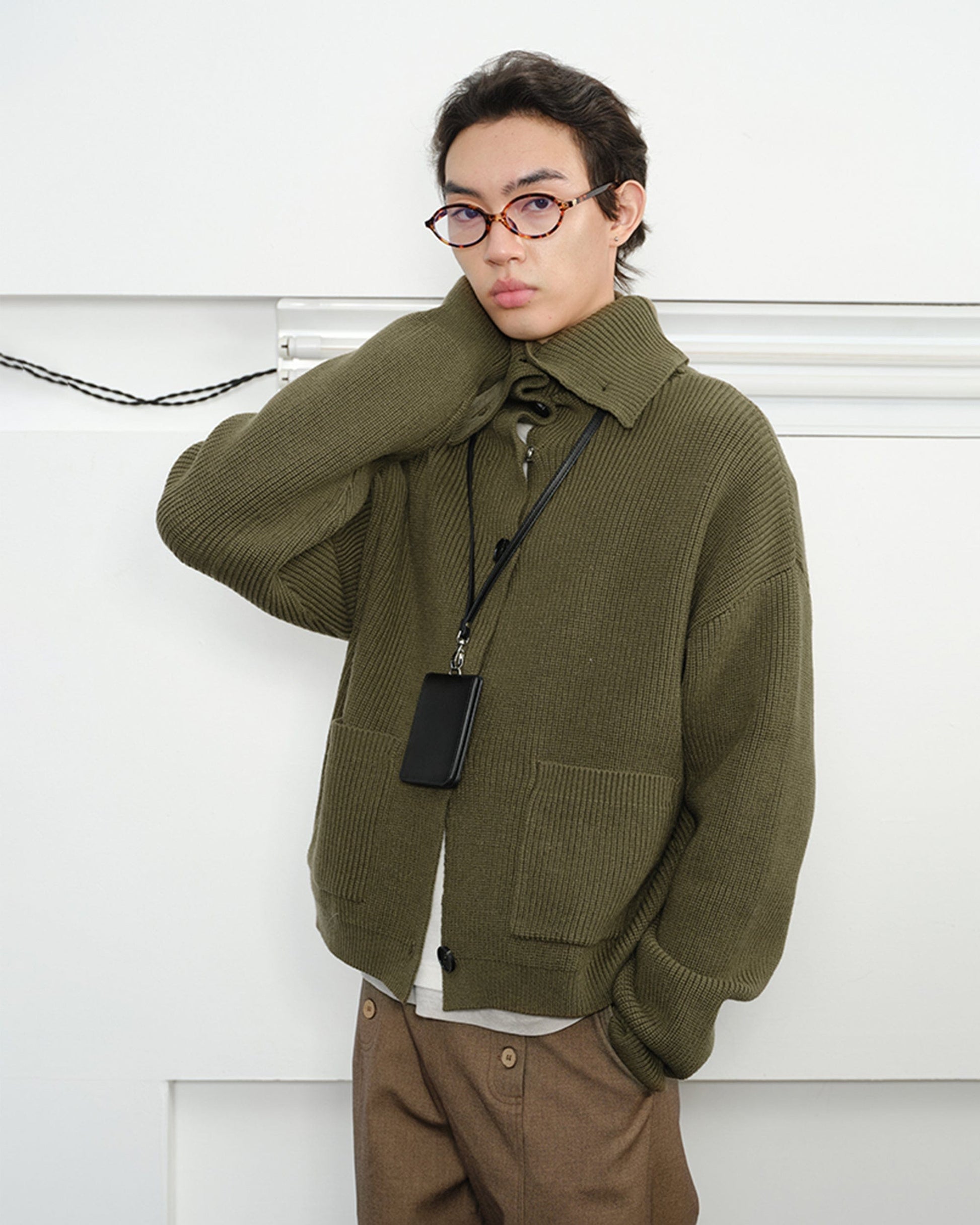 KREATE High-Collar Big-Pocket Button-Up Knitted Jacket-Jacket-S-Green-Free Shipping Leatheretro
