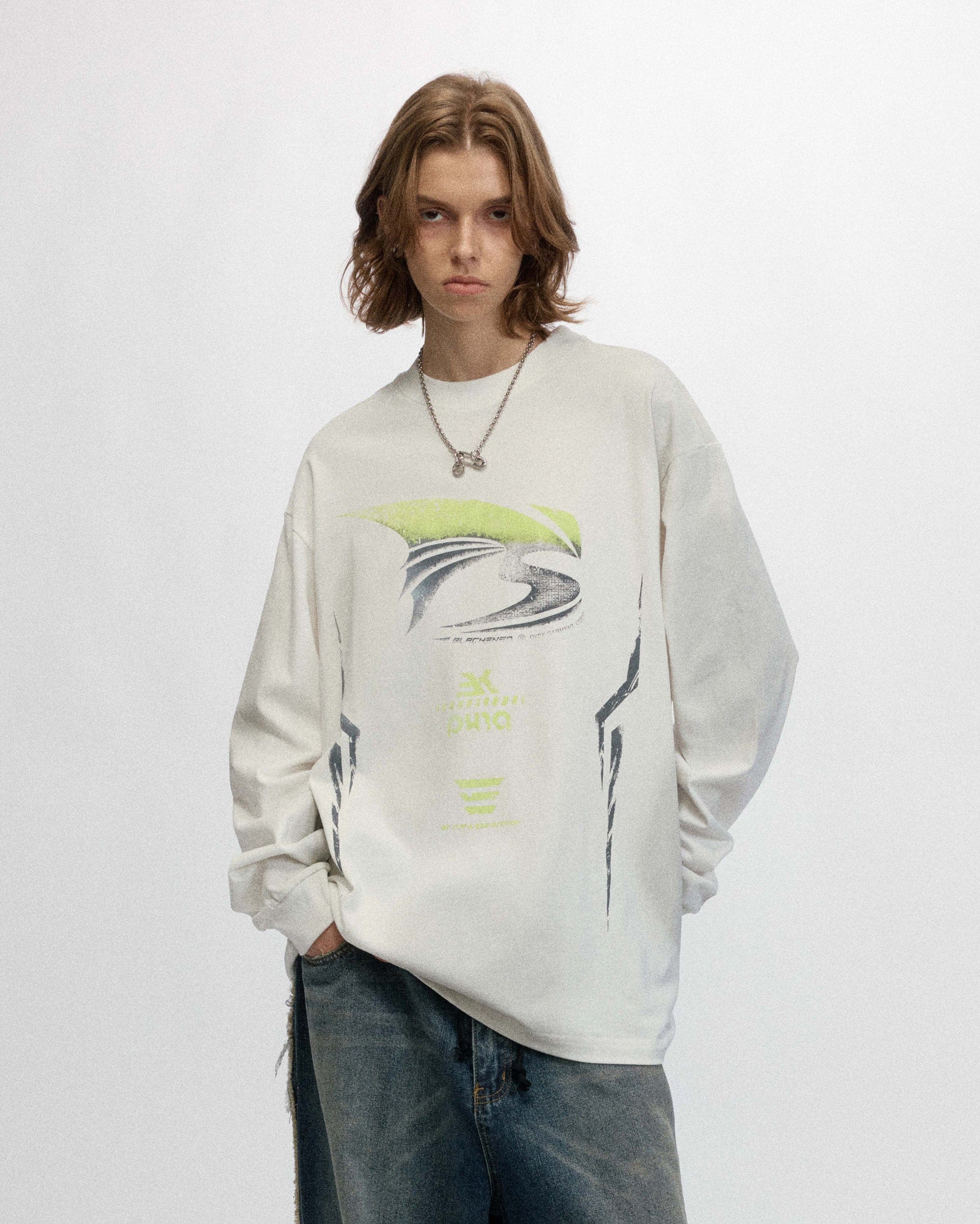 OVDY Faded Racing Graphics Long-Sleeve Tee-L/S Tee-S-White-Free Shipping Leatheretro