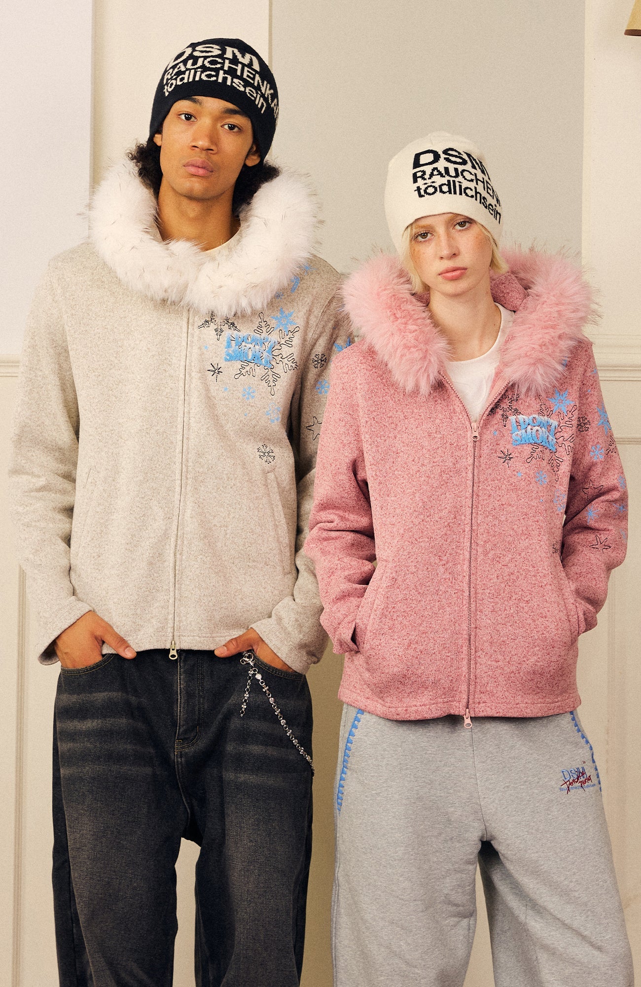 DONSMOKE Snowflake Embroidered Fleece-Lined Zip-Up Hoodie-Jacket-S (Preorder)-Gray-Free Shipping Leatheretro