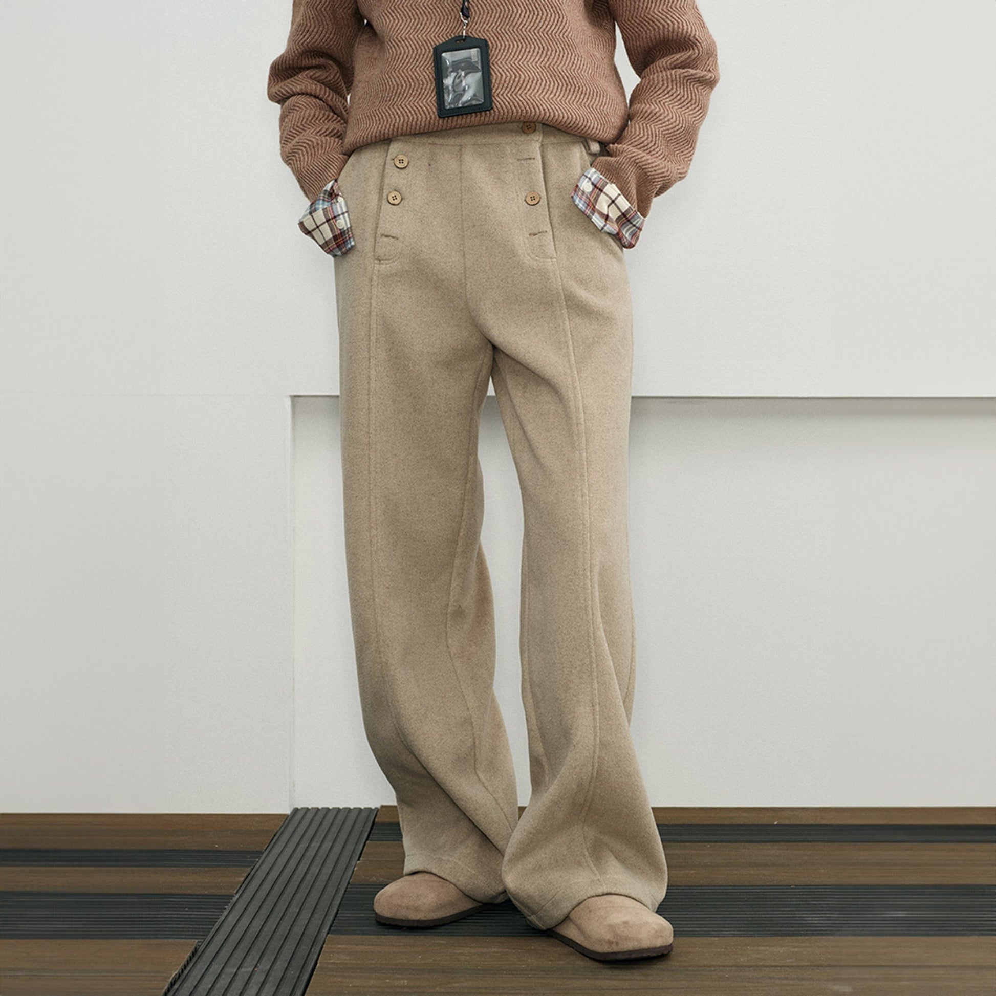 KREATE Double-Breasted Straight-Leg Pants-Pants-S - 30"-Khaki-Free Shipping Leatheretro