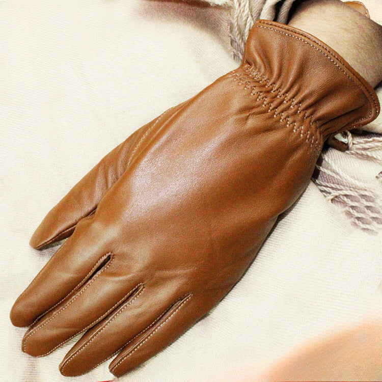 Women's Drawstring Leather Gloves – Soft Lambskin-Khaki-Free Shipping Leatheretro