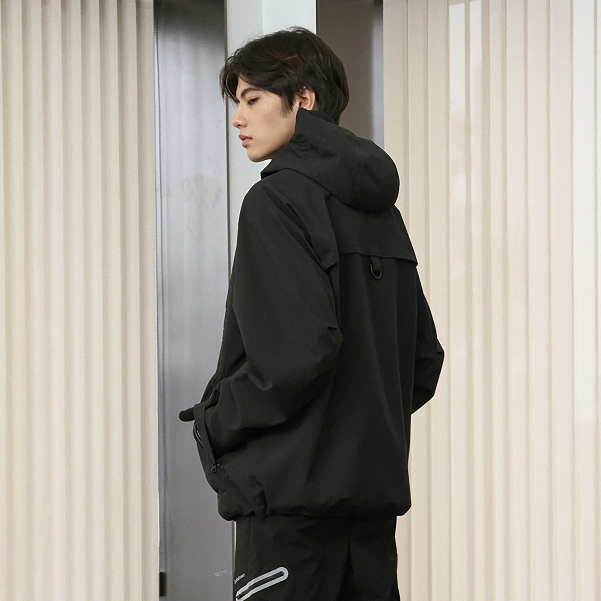 ENSHADOWER Asymmetrical Spliced Drawstring Splash-Proof Windbreaker-Jacket-S-Black-Free Shipping Leatheretro