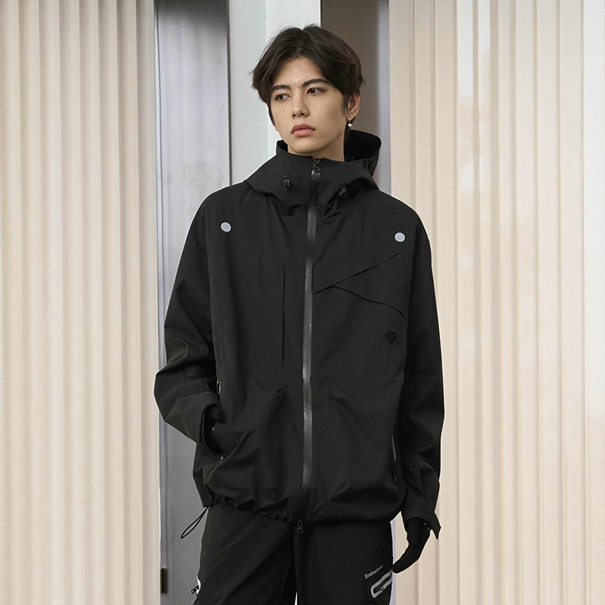 ENSHADOWER Asymmetrical Spliced Drawstring Splash-Proof Windbreaker-Jacket-S-Black-Free Shipping Leatheretro