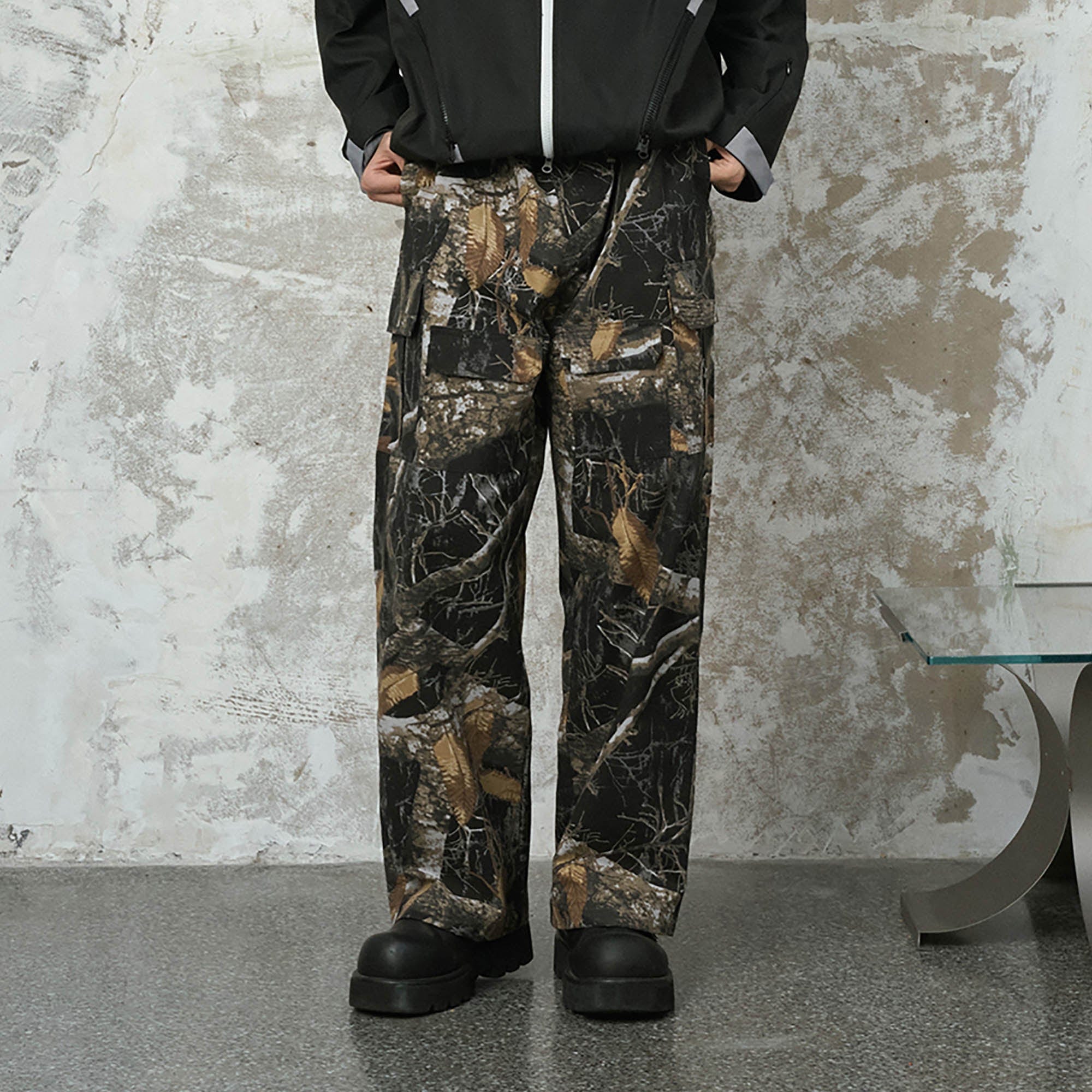 ENSHADOWER Branch Camo Multi-Pocket Straight-Leg Pants-Pants-S-Black-Free Shipping Leatheretro