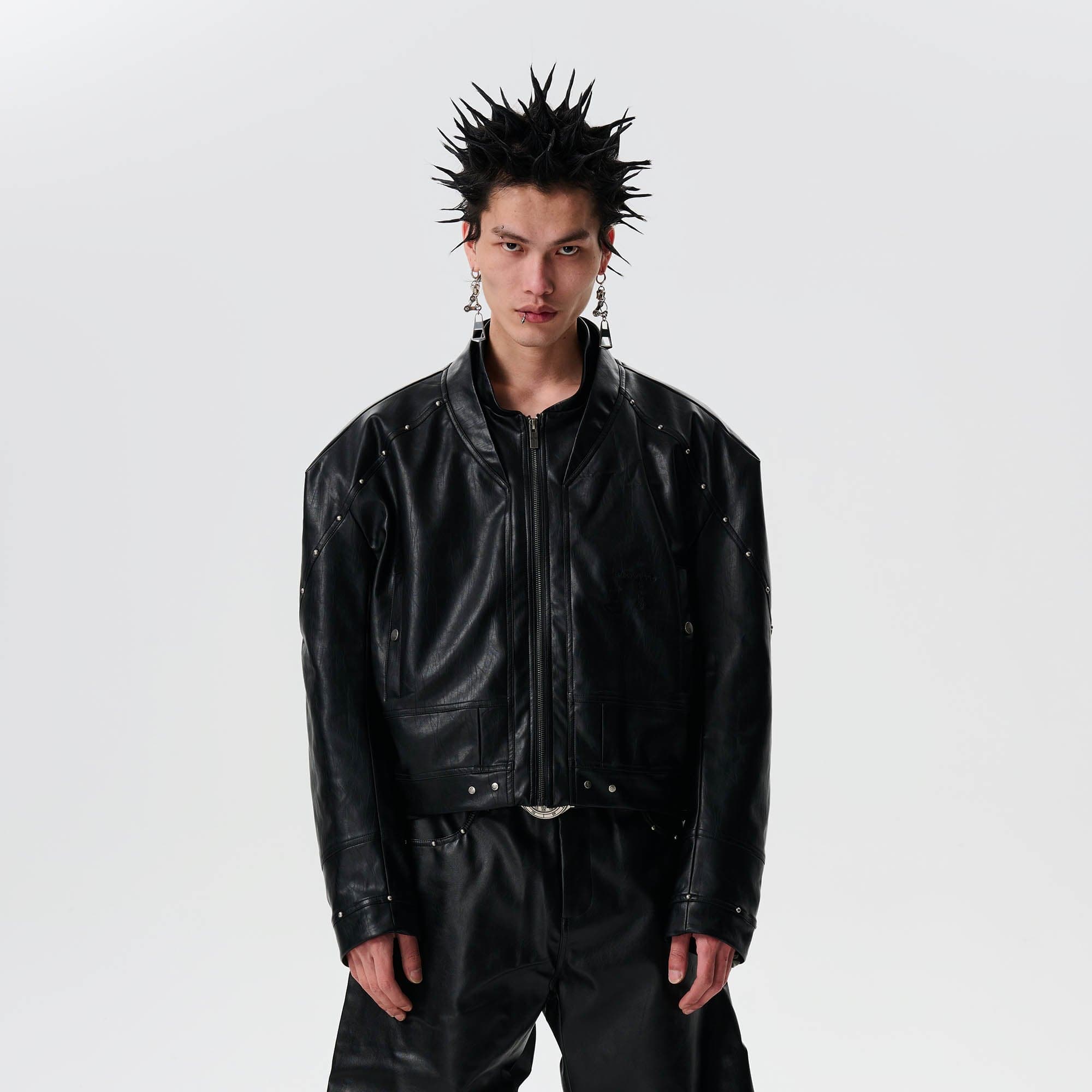 SAVAGEGROWTHWORLD Snake Bone Embroidered Rivet Cropped PU Jacket-Jacket-S-Black-Free Shipping Leatheretro