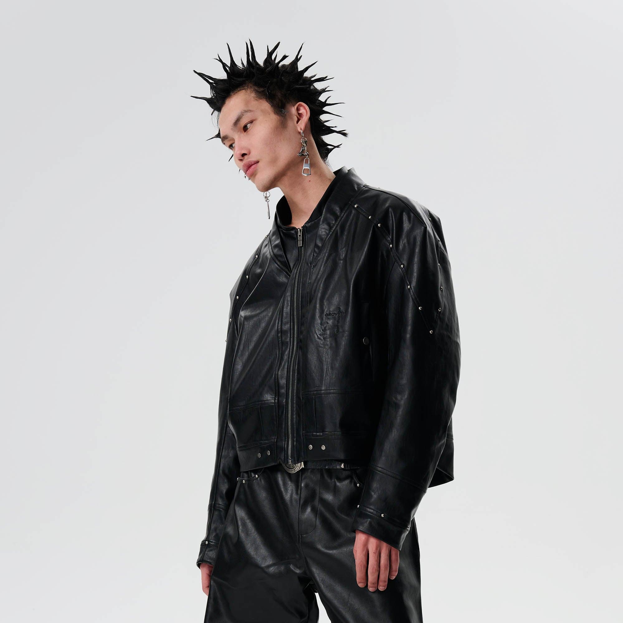 SAVAGEGROWTHWORLD Snake Bone Embroidered Rivet Cropped PU Jacket-Jacket-S-Red-Free Shipping Leatheretro