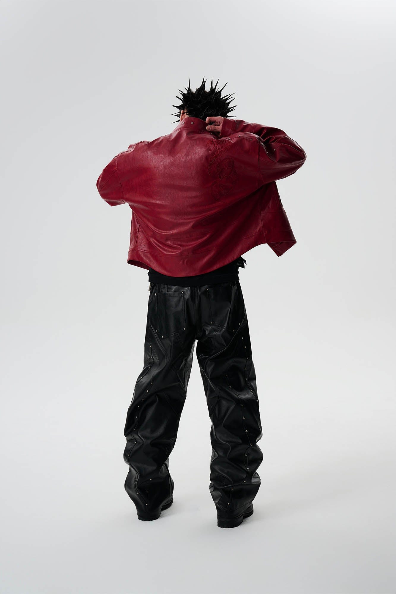 SAVAGEGROWTHWORLD Snake Bone Embroidered Rivet Cropped PU Jacket-Jacket-S-Red-Free Shipping Leatheretro