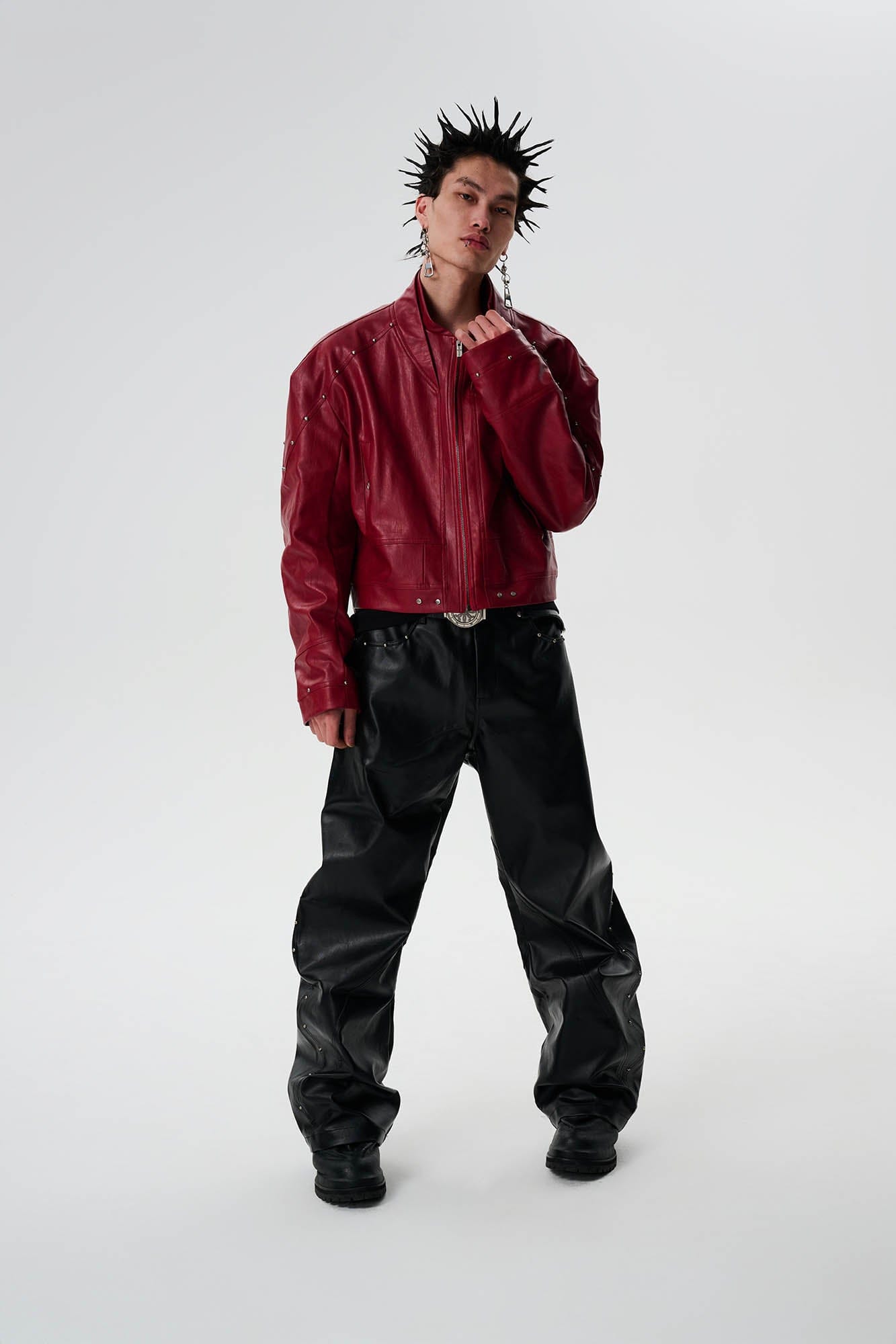 SAVAGEGROWTHWORLD Snake Bone Embroidered Rivet Cropped PU Jacket-Jacket-S-Red-Free Shipping Leatheretro