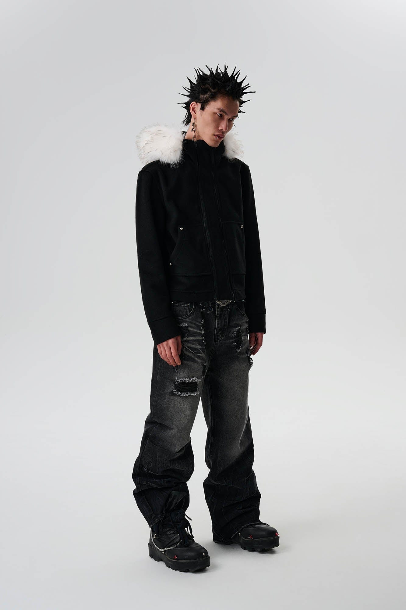 SAVAGEGROWTHWORLD Detachable Fur Collar Double-Zipper Coat-Jacket-S-Black-Free Shipping Leatheretro