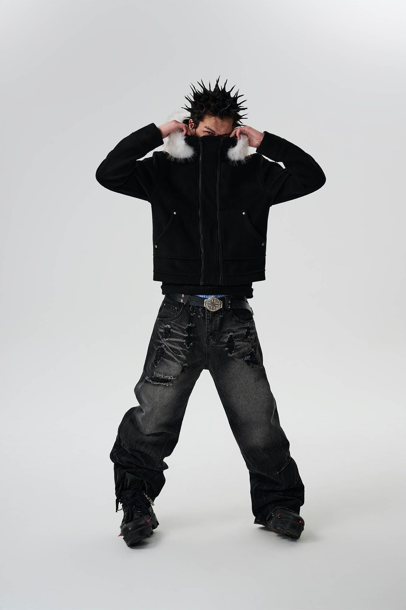 SAVAGEGROWTHWORLD Detachable Fur Collar Double-Zipper Coat-Jacket-S-Black-Free Shipping Leatheretro