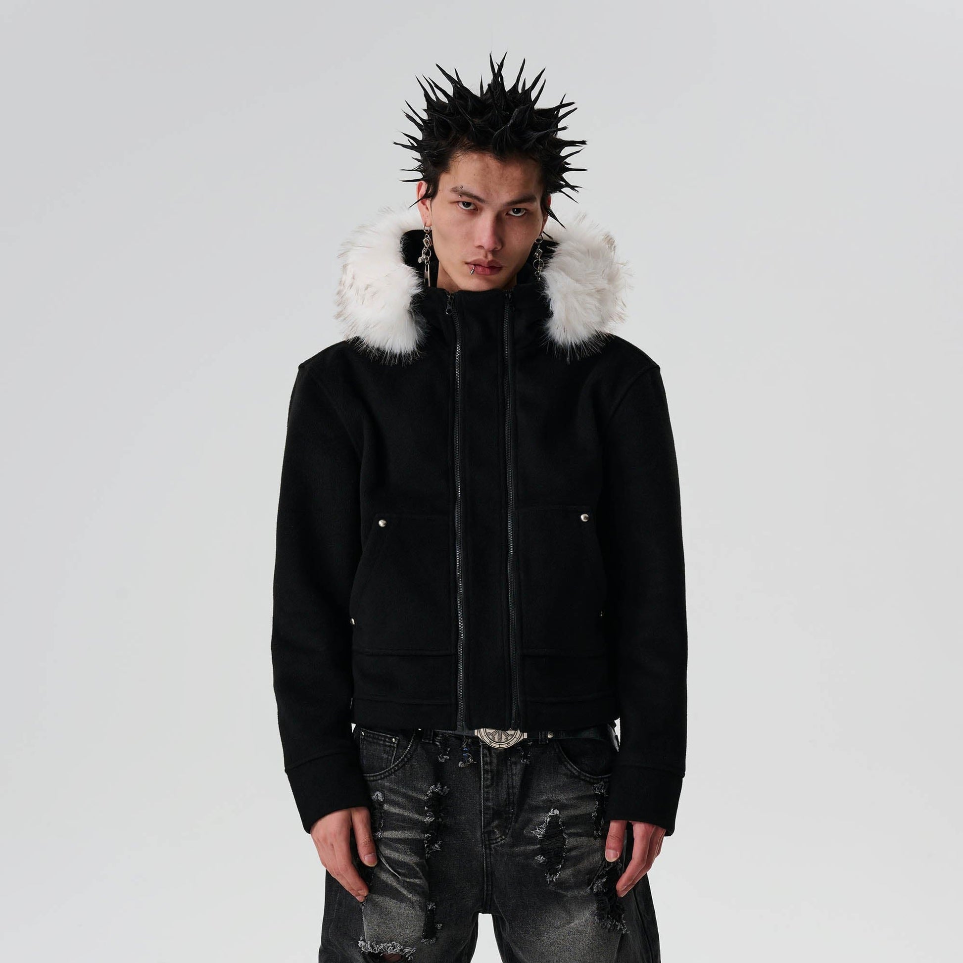 SAVAGEGROWTHWORLD Detachable Fur Collar Double-Zipper Coat-Jacket-S-Black-Free Shipping Leatheretro