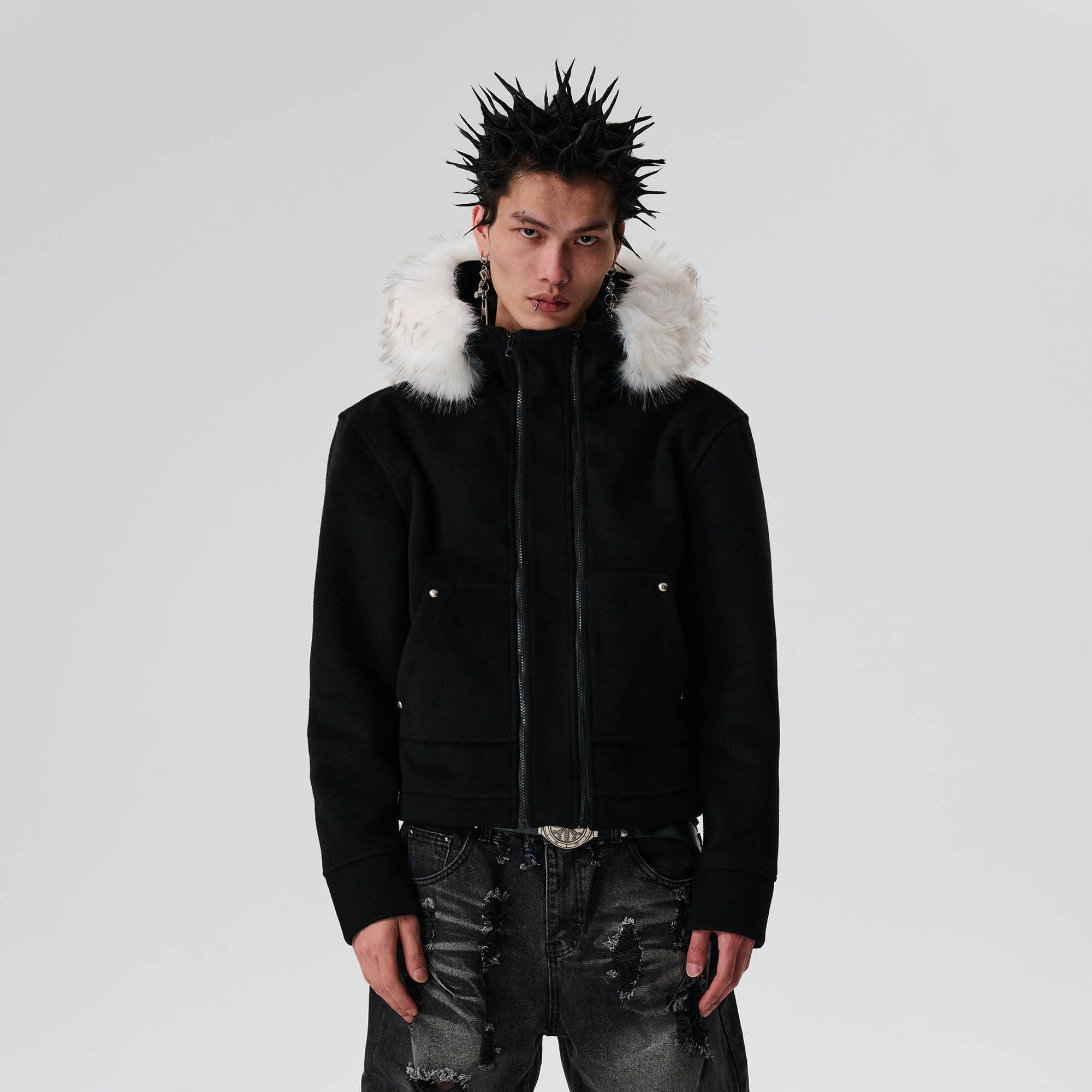 SAVAGEGROWTHWORLD Detachable Fur Collar Double-Zipper Coat-Jacket-S-Black-Free Shipping Leatheretro