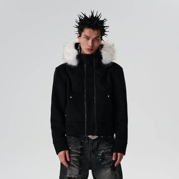 SAVAGEGROWTHWORLD Detachable Fur Collar Double-Zipper Coat-Jacket-S-Black-Free Shipping Leatheretro