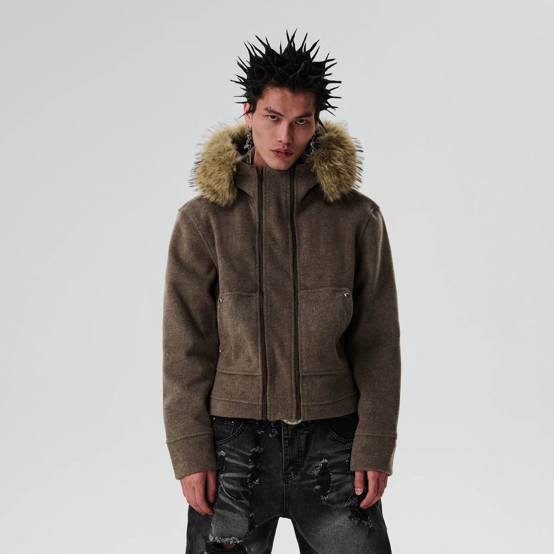 SAVAGEGROWTHWORLD Detachable Fur Collar Double-Zipper Coat-Jacket-S-Brown-Free Shipping Leatheretro