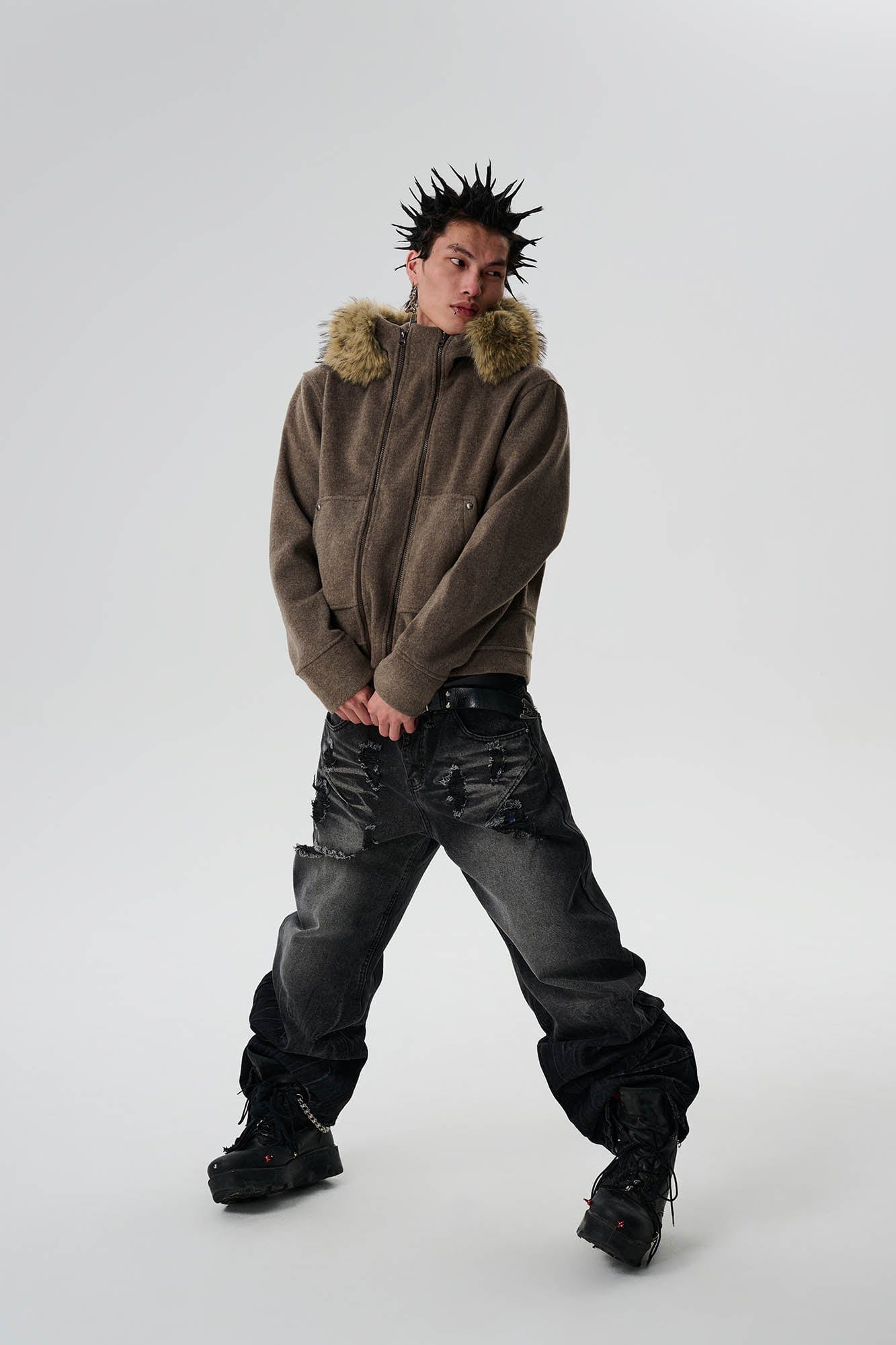 SAVAGEGROWTHWORLD Detachable Fur Collar Double-Zipper Coat-Jacket-S-Black-Free Shipping Leatheretro