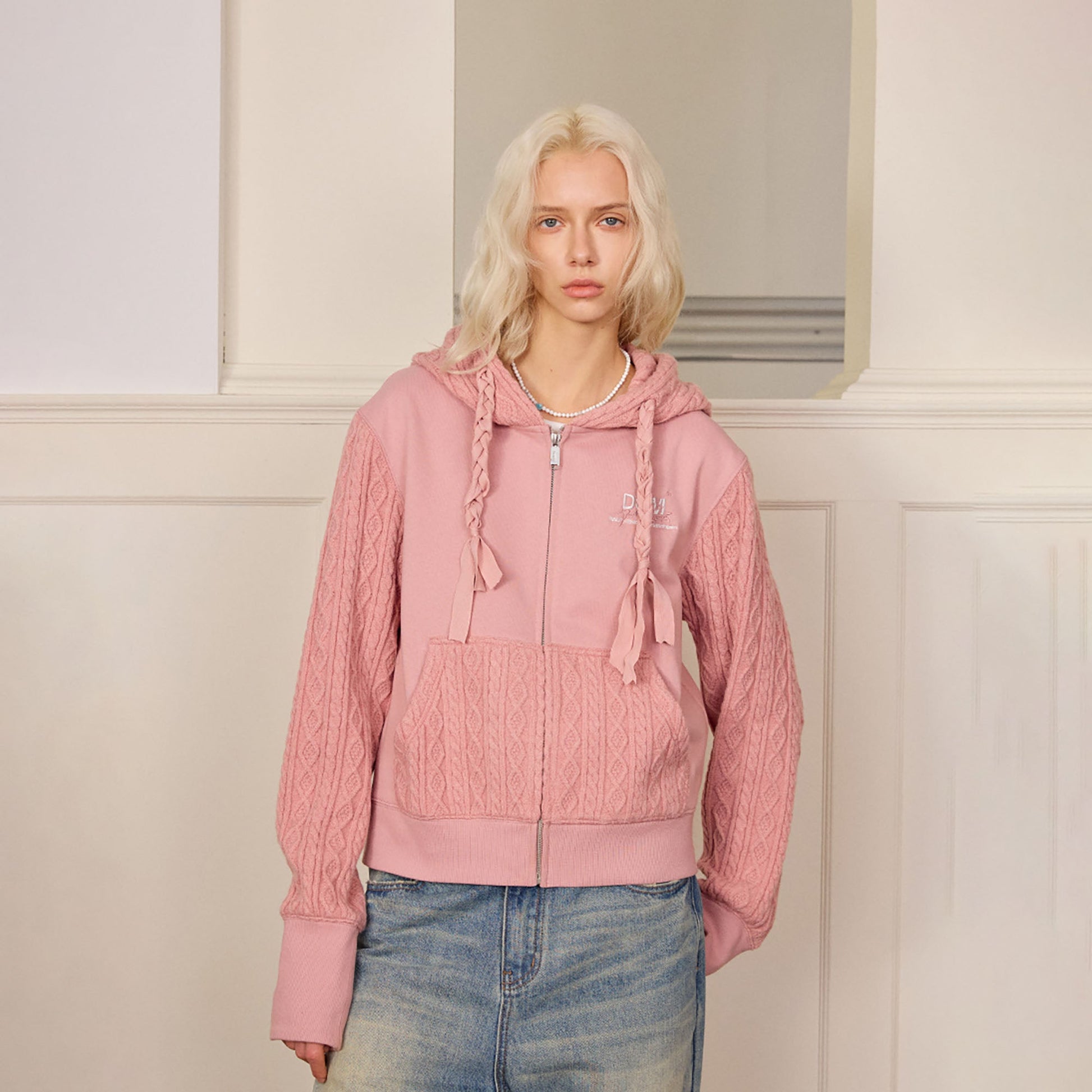DONSMOKE Spliced Cable-Knit Zip-Up Hoodie-Hoodie-S-Pink-Free Shipping Leatheretro