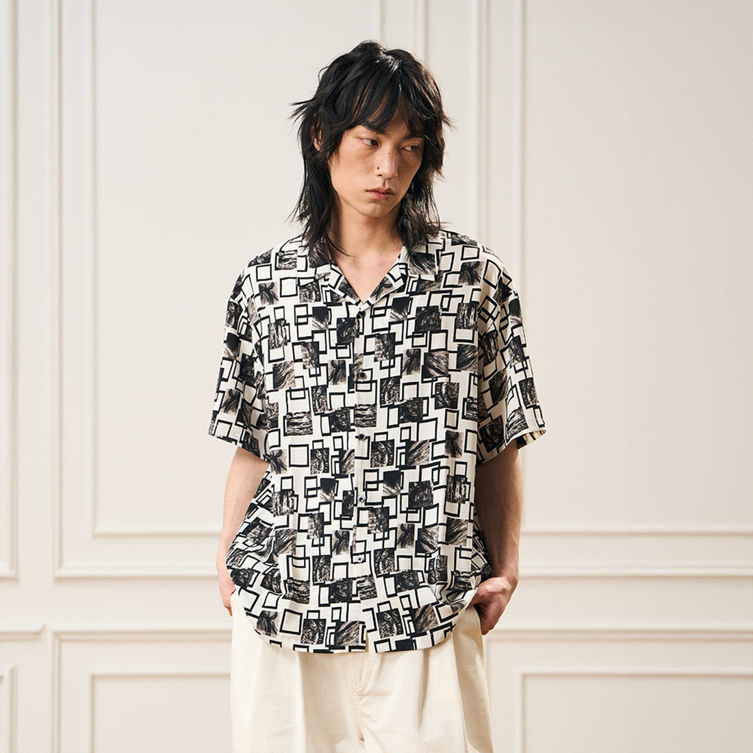 EPIC POETRY Monochrome Collage Grid Cuban Half Shirt-Half shirt-S-Free Shipping Leatheretro